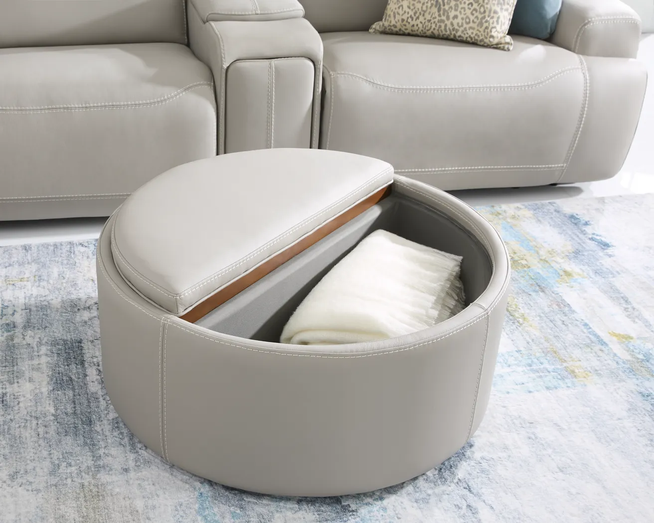 Cindy Crawford Alessio Light Gray Leather Storage Cocktail Ottoman