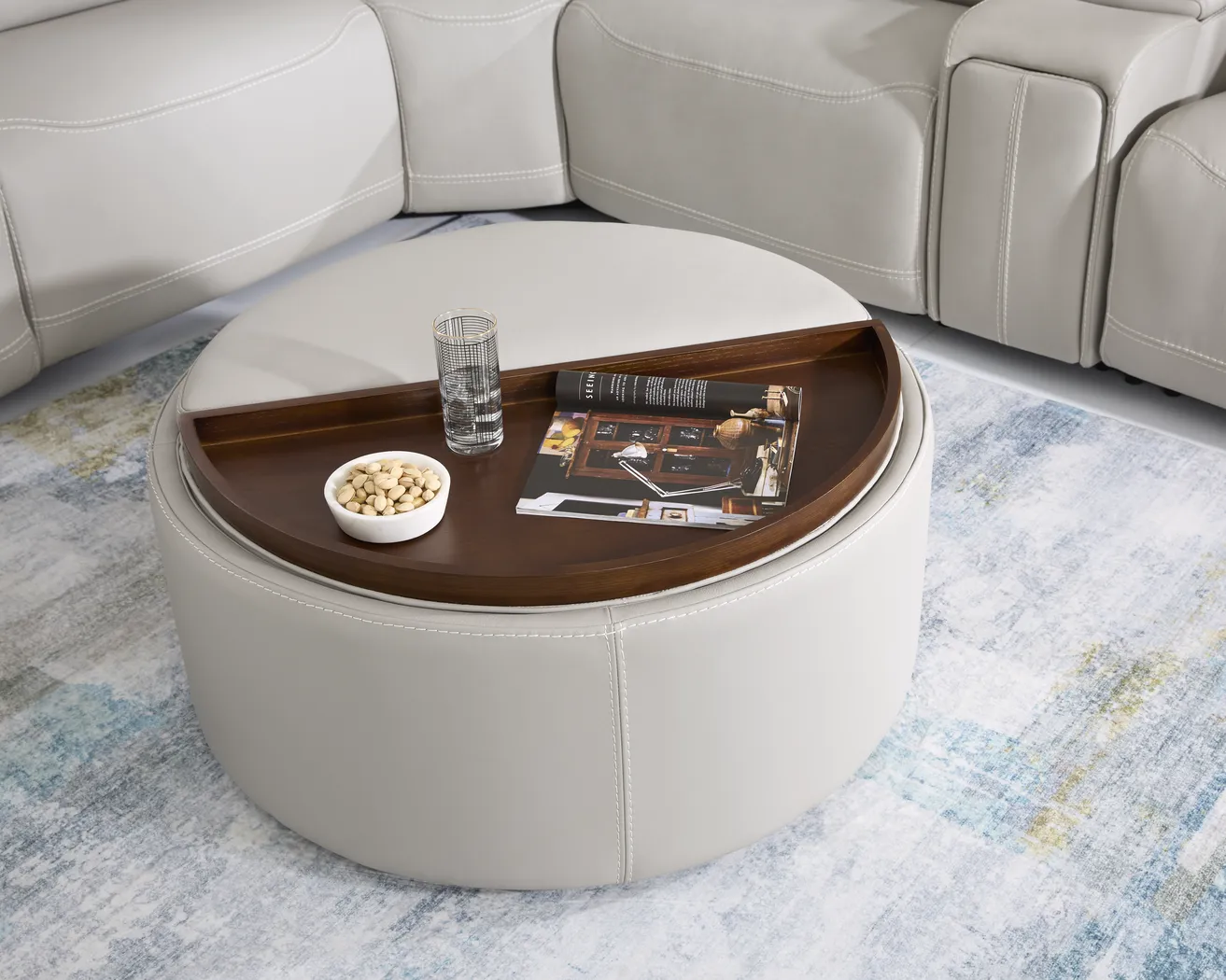 Alessio Light Gray Leather Cocktail Storage Ottoman - Image 6