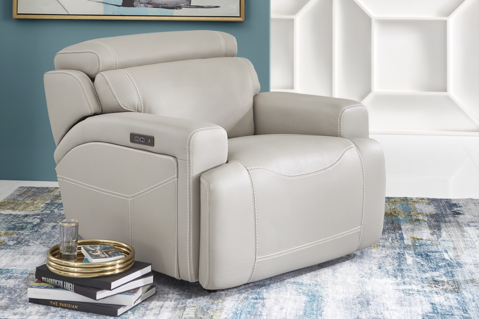 Alessio Light Gray Leather Dual Power Recliner - Thumbnail - Image 3