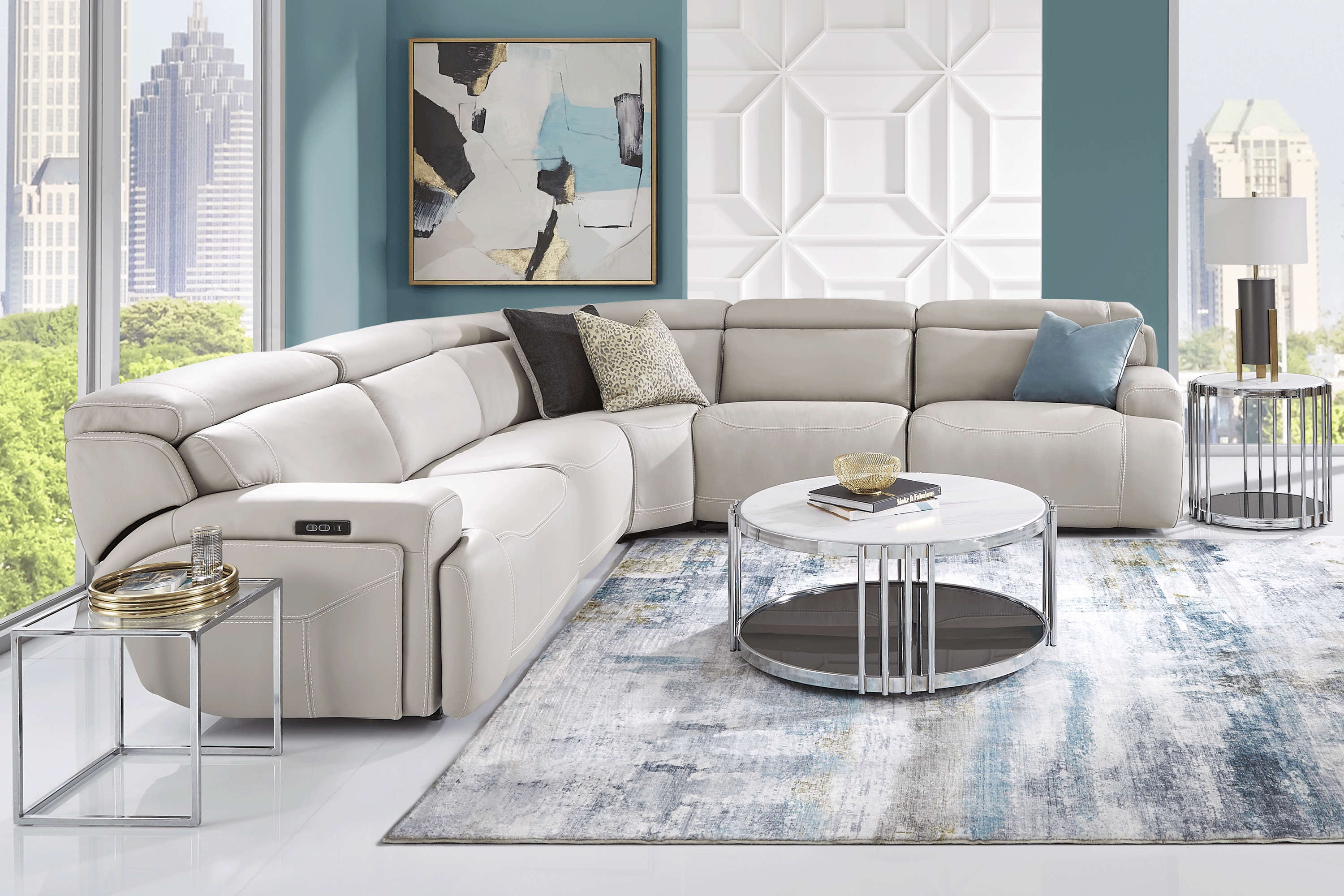 Alessio Light Gray Leather 9 Pc Dual Power Reclining Sectional Living Room - Thumbnail - Image 1