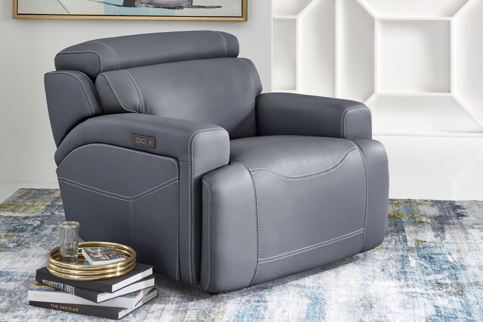 Alessio Navy Leather Dual Power Recliner - Thumbnail - Image 3