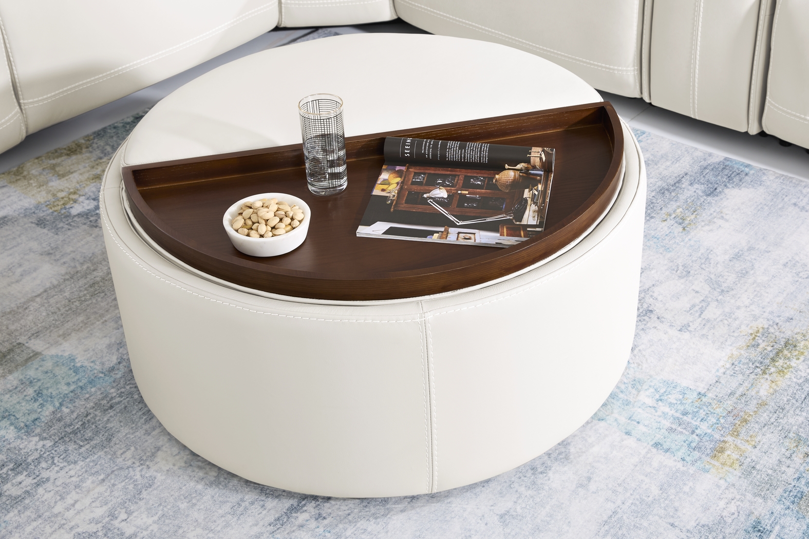 Alessio White Leather Cocktail Storage Ottoman - Thumbnail - Image 2