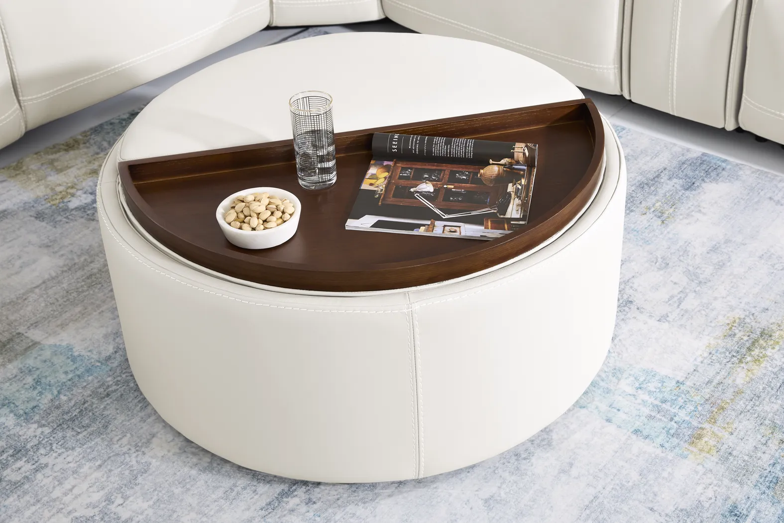 Alessio White Leather Cocktail Storage Ottoman - Image 5