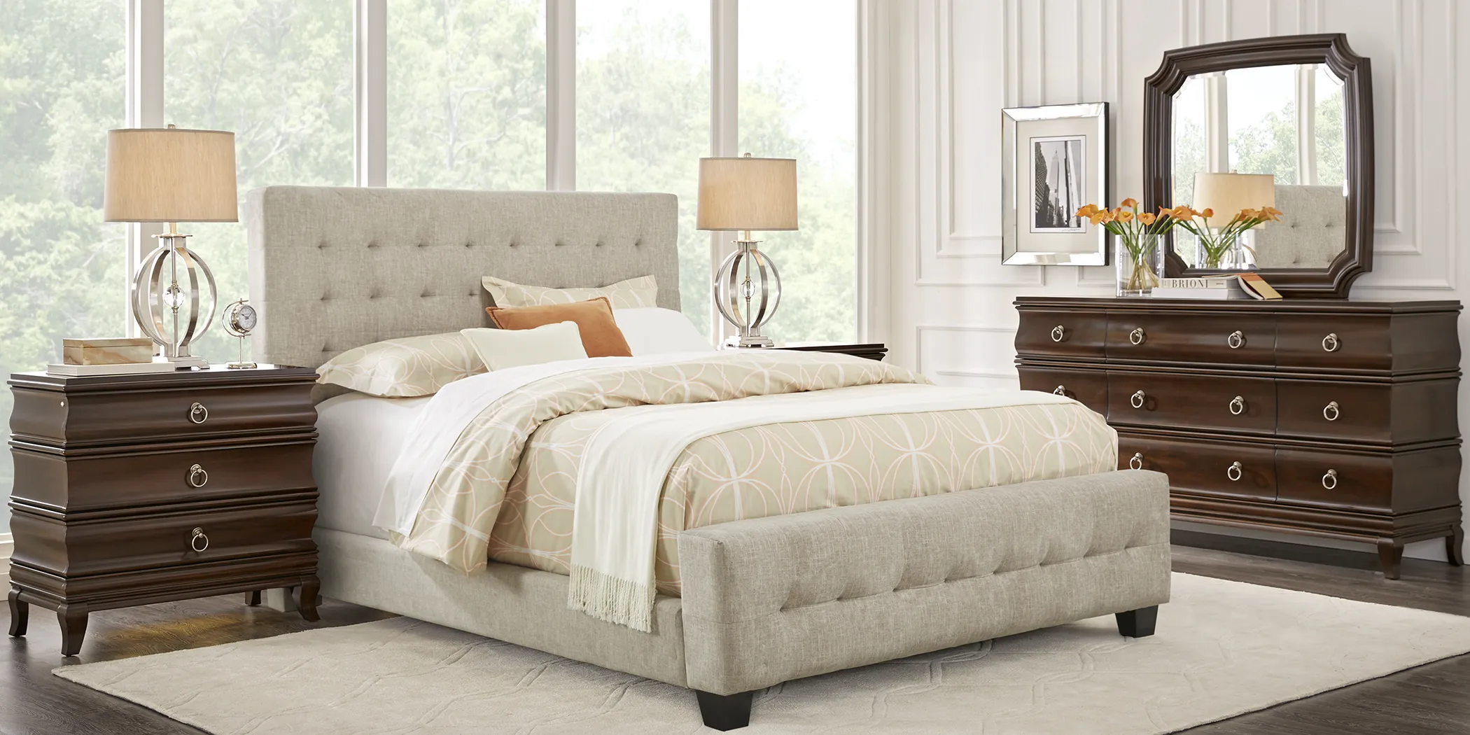 Alexi Cherry 5 Pc Queen Bedroom with Linen Upholstered Bed - Thumbnail - Image 1