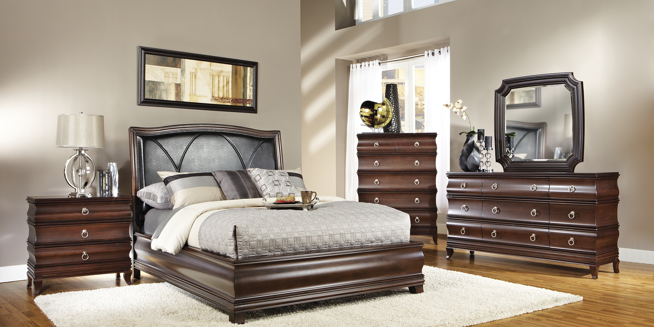 Alexi Cherry 7 Pc King Panel Bedroom with Chocolate Inset - Thumbnail - Image 2