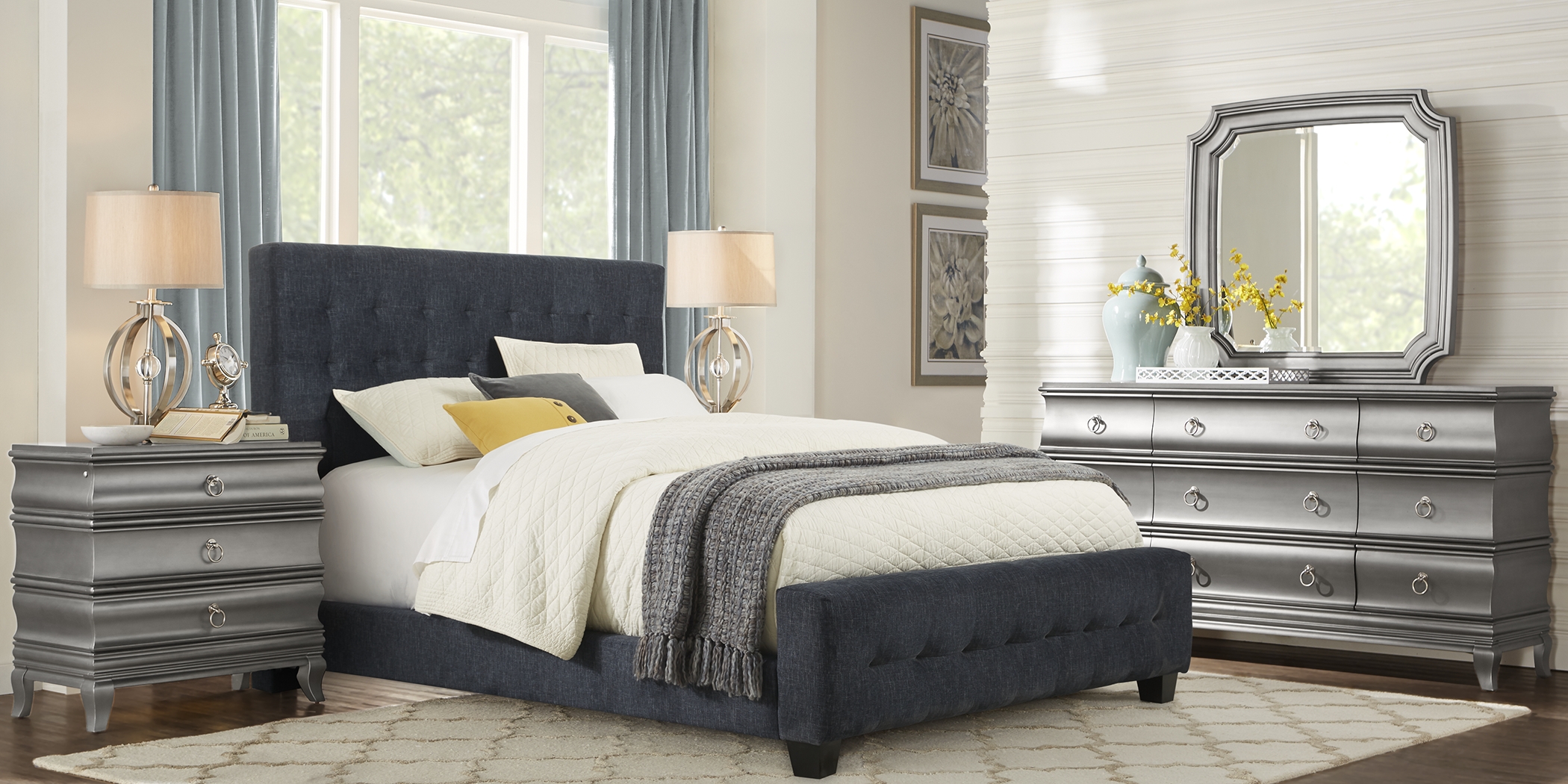 Alexi Silver 5 Pc King Bedroom with Blue Upholstered Bed - Thumbnail - Image 1