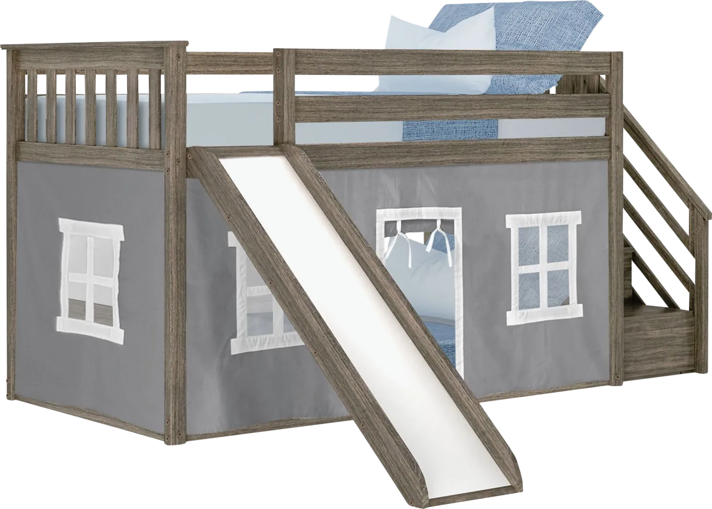 Kids Alwaes Brown Twin/Twin Low Bunk Bed with Slide and Gray Tent - Thumbnail - Image 2