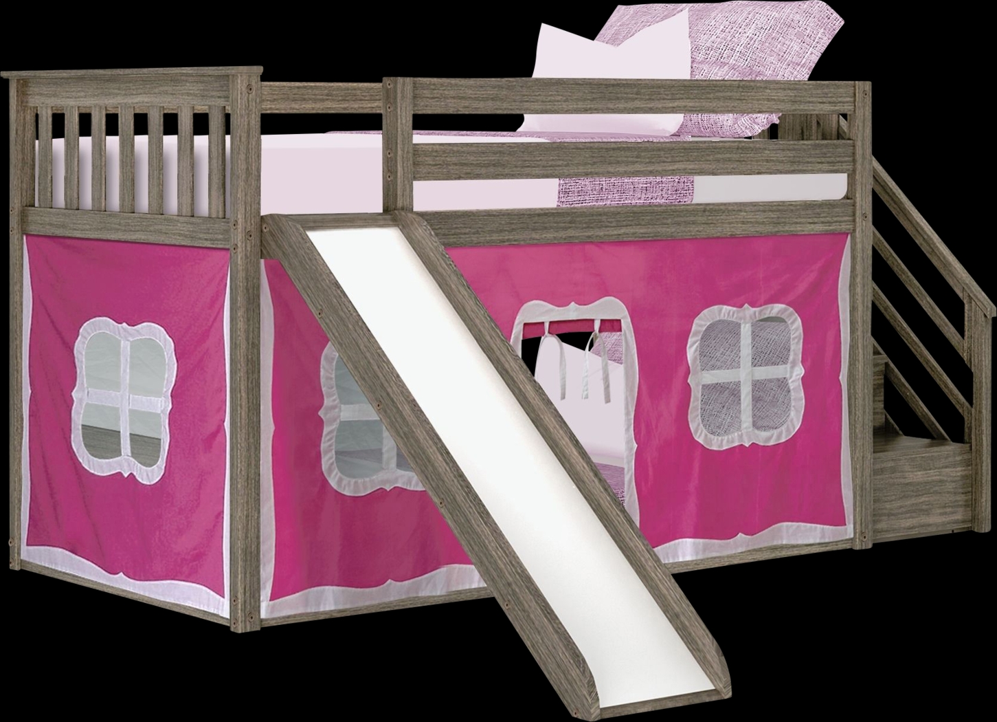 Kids Alwaes Brown Twin/Twin Low Bunk Bed with Slide and  Pink Tent - Thumbnail - Image 2