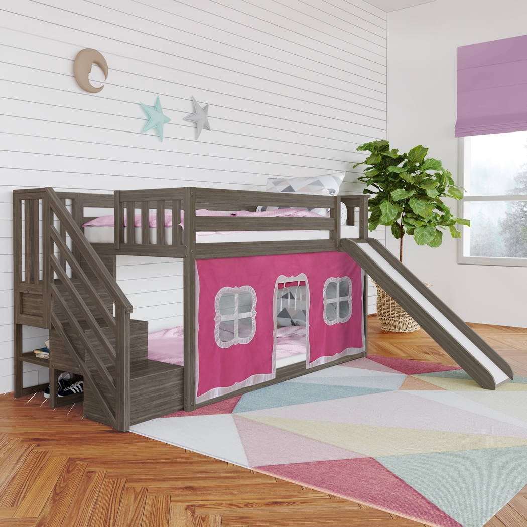 Kids Alwaes Brown Twin/Twin Low Bunk Bed with Slide and  Pink Tent - Thumbnail - Image 1