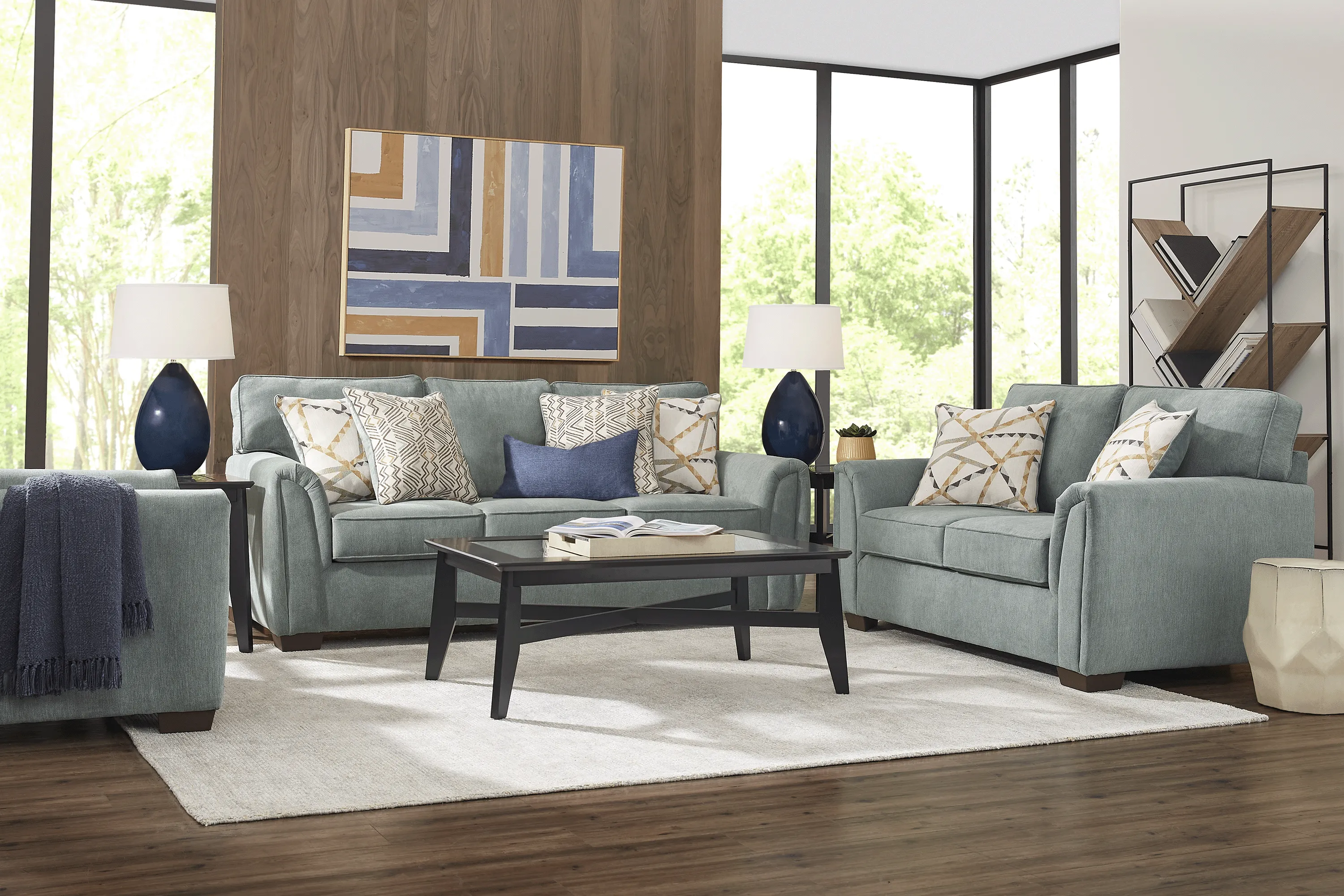 Amalie Teal 7 Pc Living Room with Gel Foam Sleeper Sofa - Thumbnail - Image 1