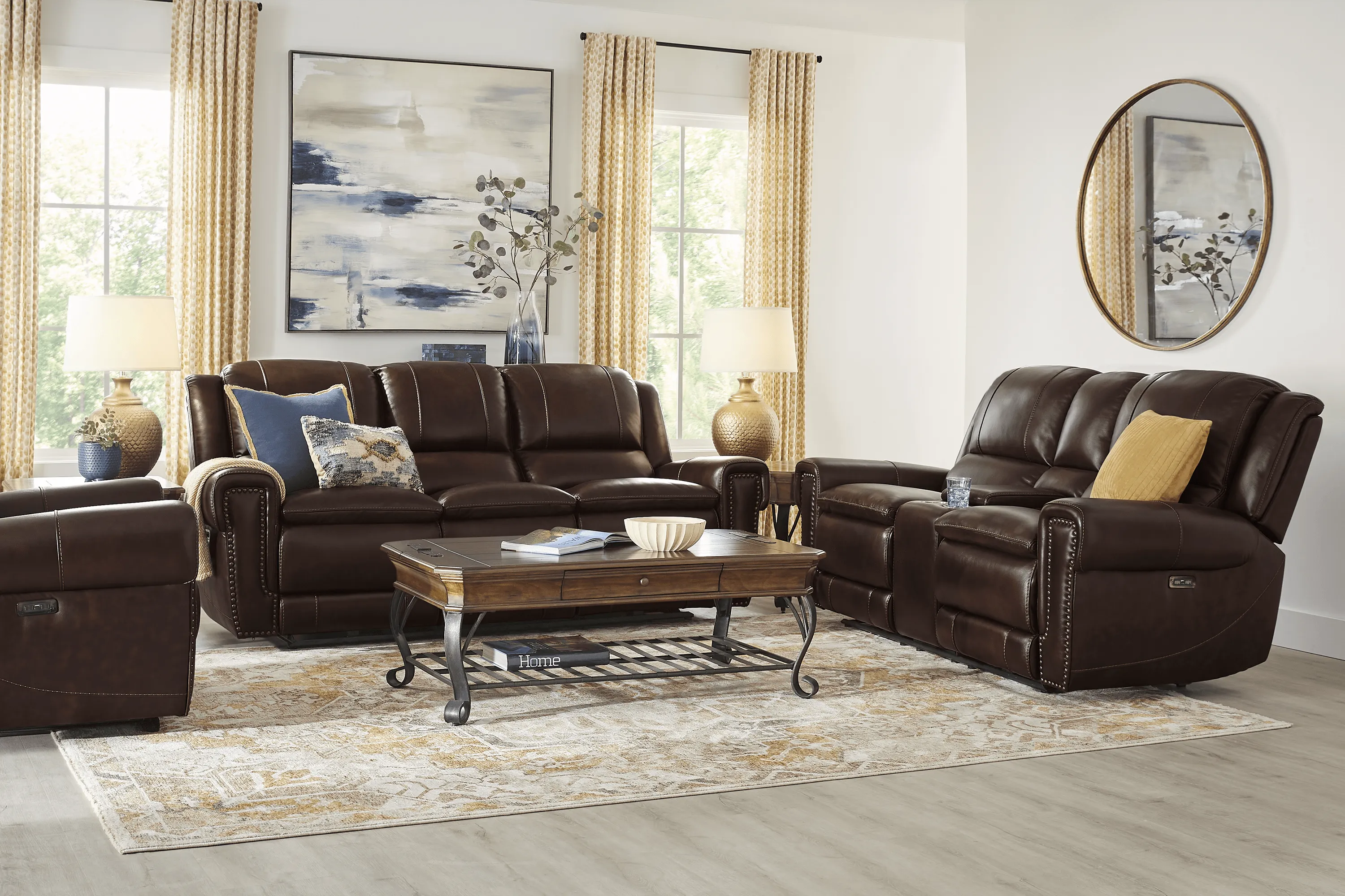 Amesbury Brown Leather 8 Pc Dual Power Reclining Living Room - Thumbnail - Image 1