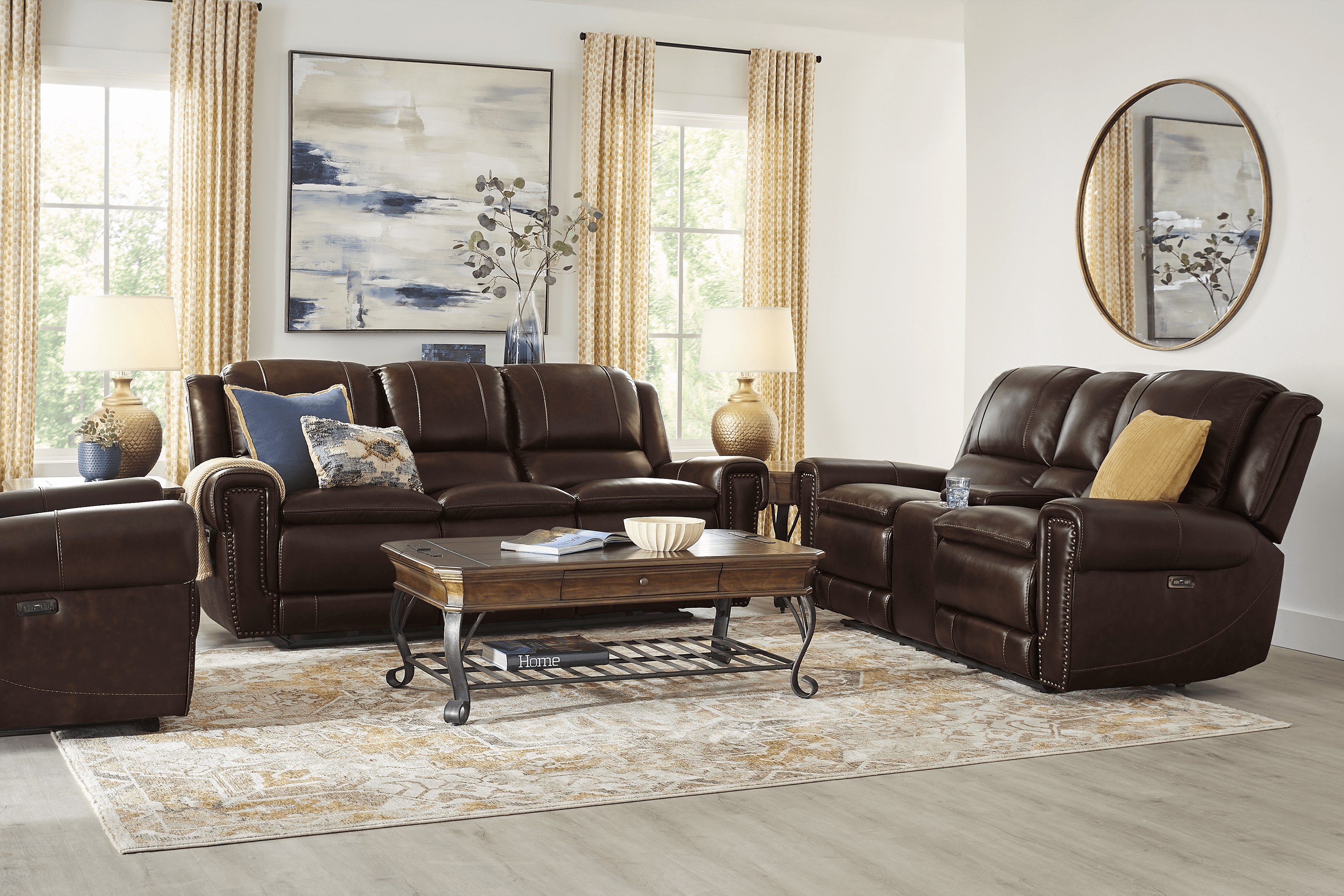 Amesbury Brown Leather 8 Pc Dual Power Reclining Living Room - Thumbnail - Image 1