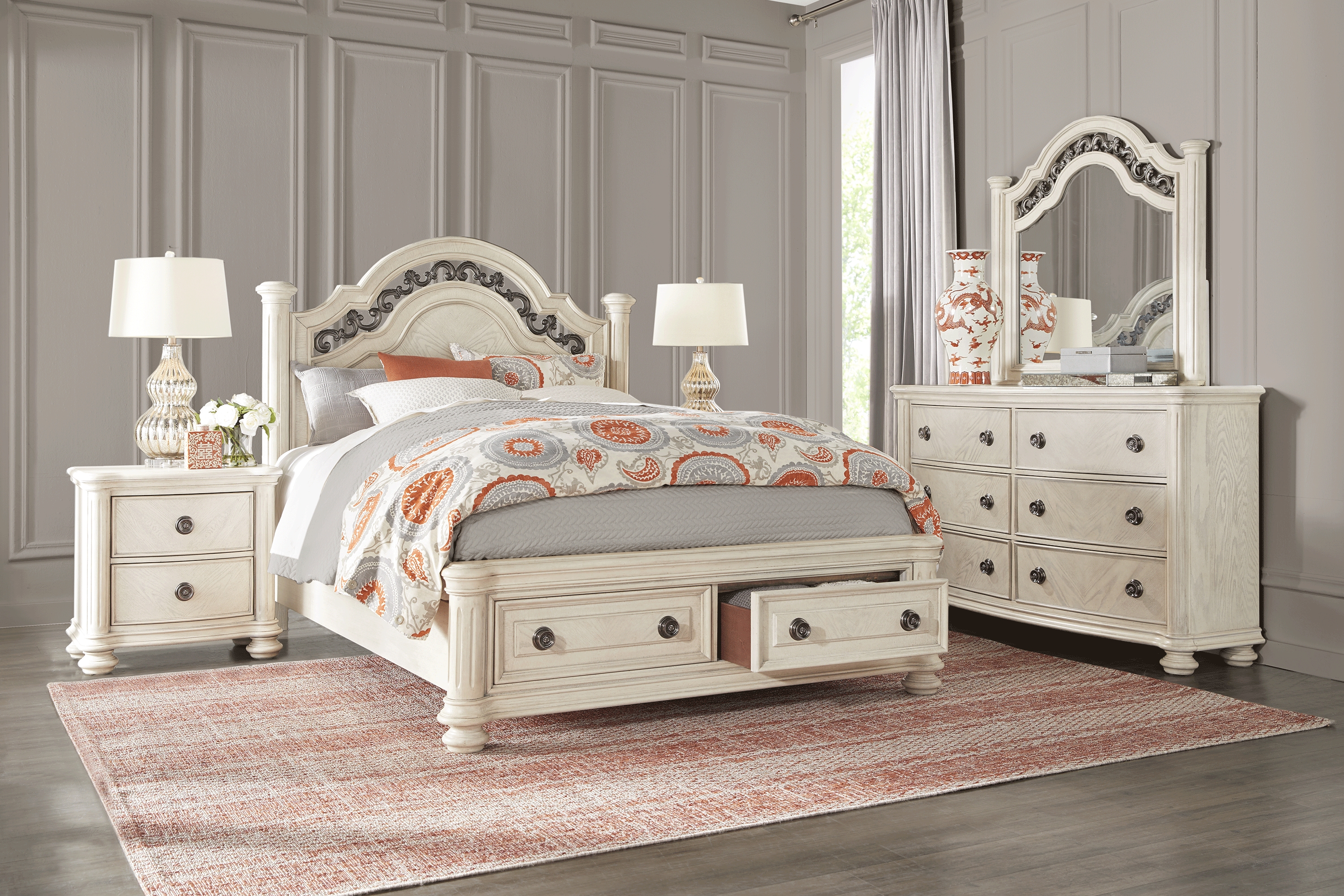 Anastasia White 5 Pc King Panel Bedroom with Storage - Thumbnail - Image 1