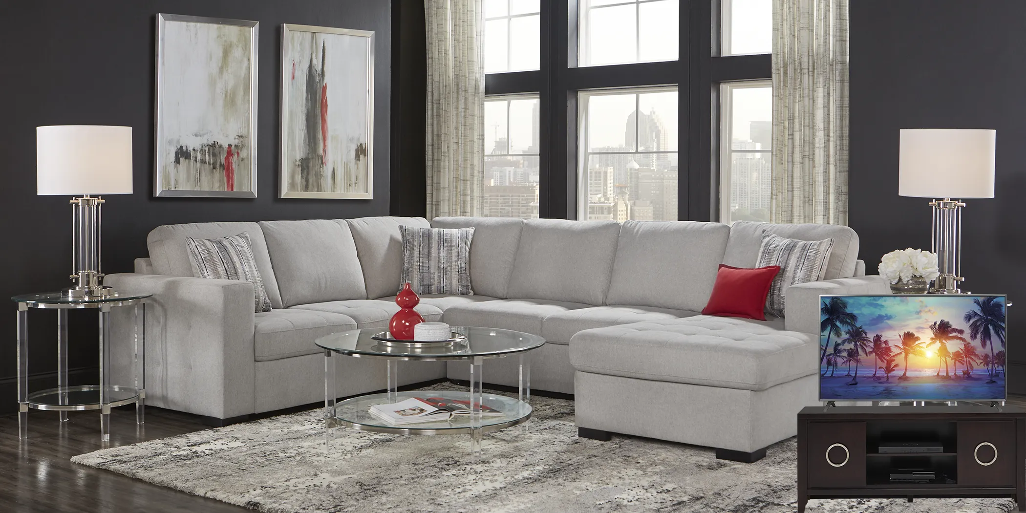 Angelino Heights Gray 7 Pc Sleeper Sectional Living Room Plus 70 in. TV - Thumbnail - Image 1