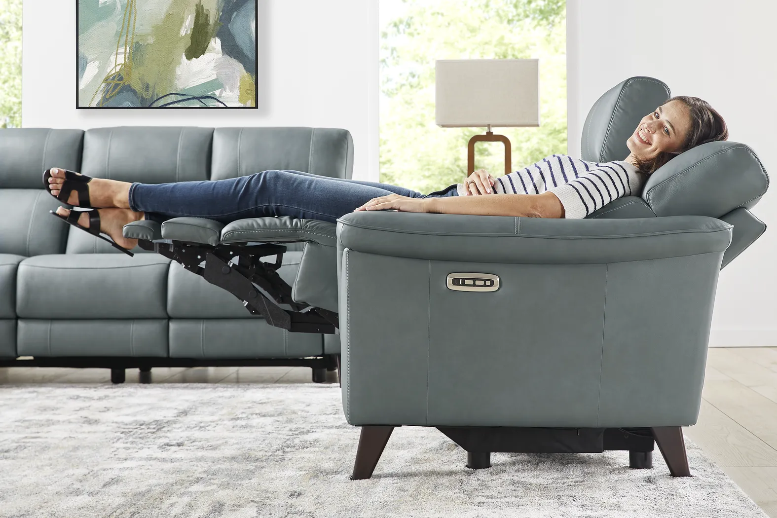 Antonella Blue Leather 2 Pc Dual Power Reclining Living Room - Image 11