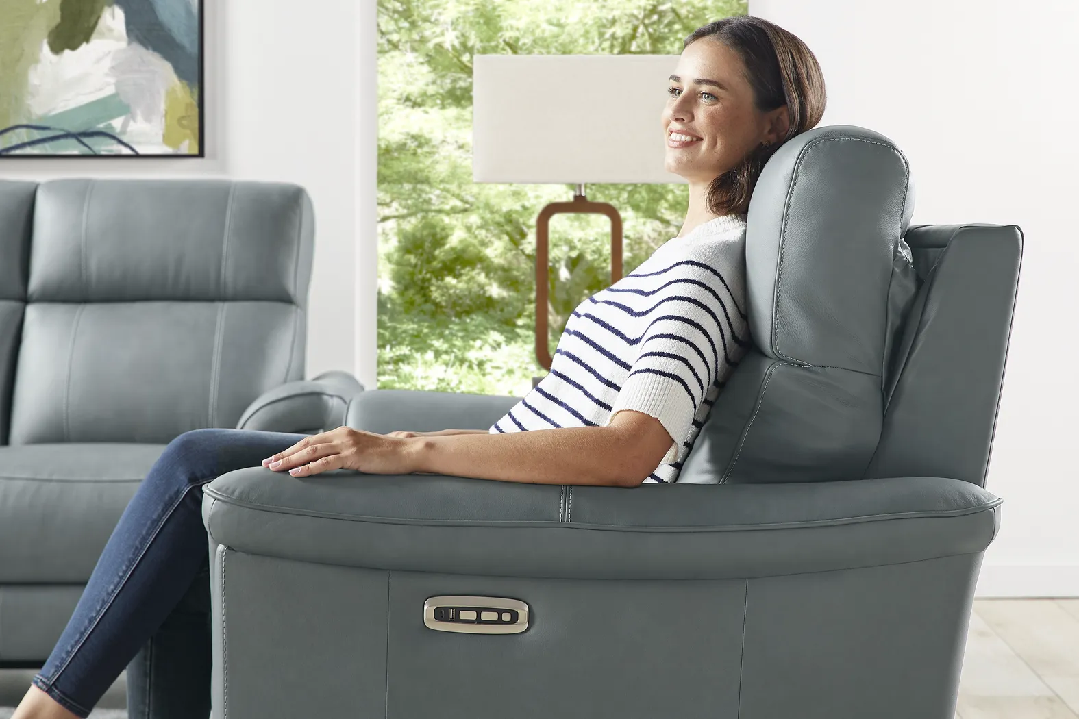 Antonella Blue Leather 2 Pc Dual Power Reclining Living Room - Image 13