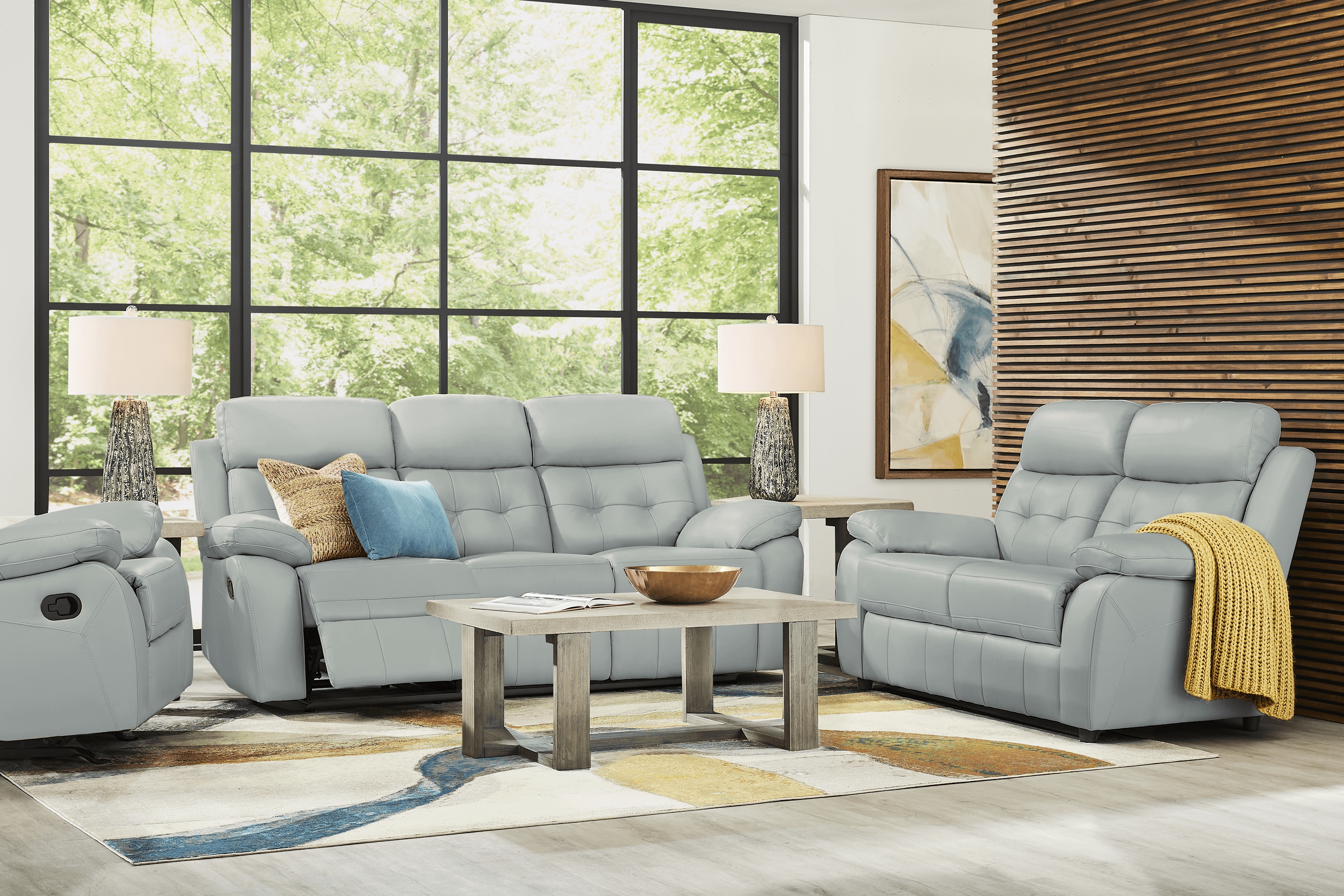 Antonin Aqua Leather 7 Pc Living Room with Reclining Sofa - Thumbnail - Image 1