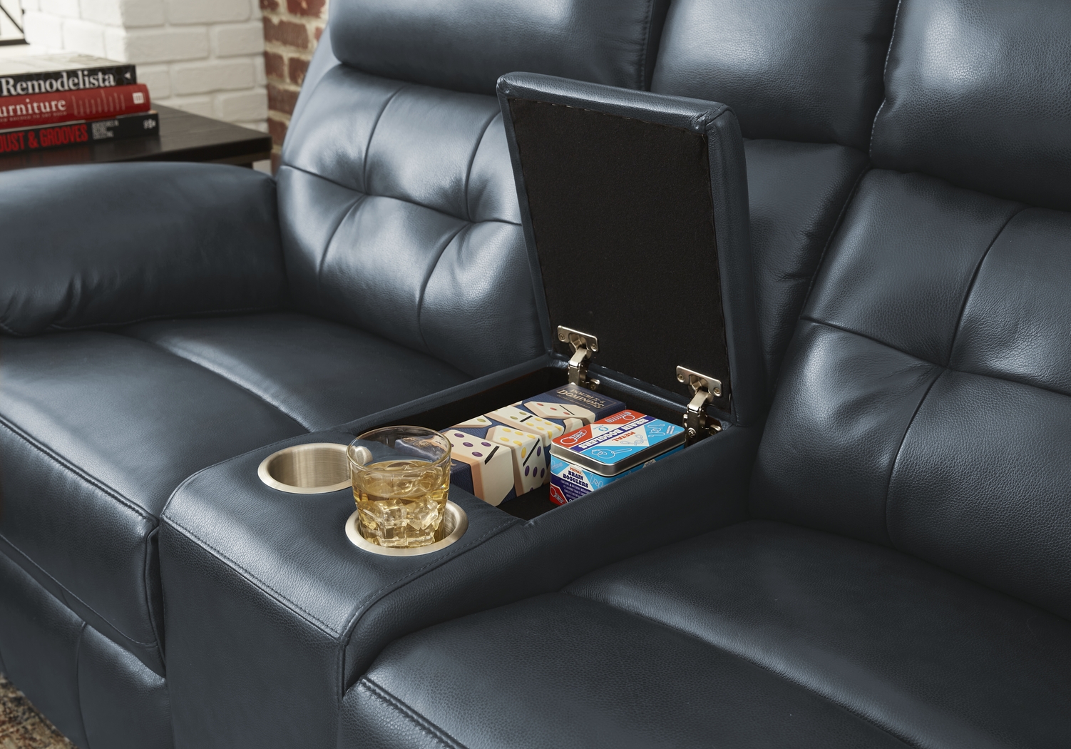 Antonin Blue Leather Reclining Console Loveseat - Thumbnail - Image 3