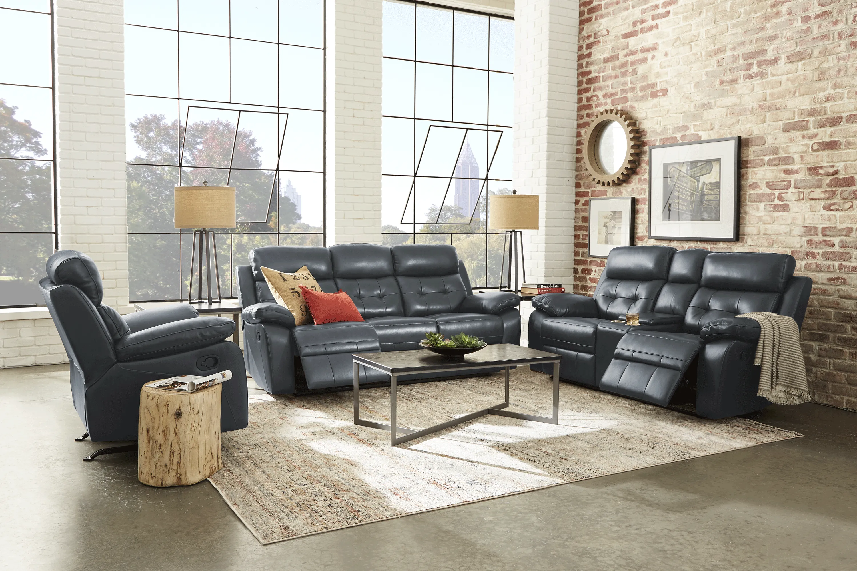 Antonin Blue Leather 5 Pc Reclining Living Room - Thumbnail - Image 2