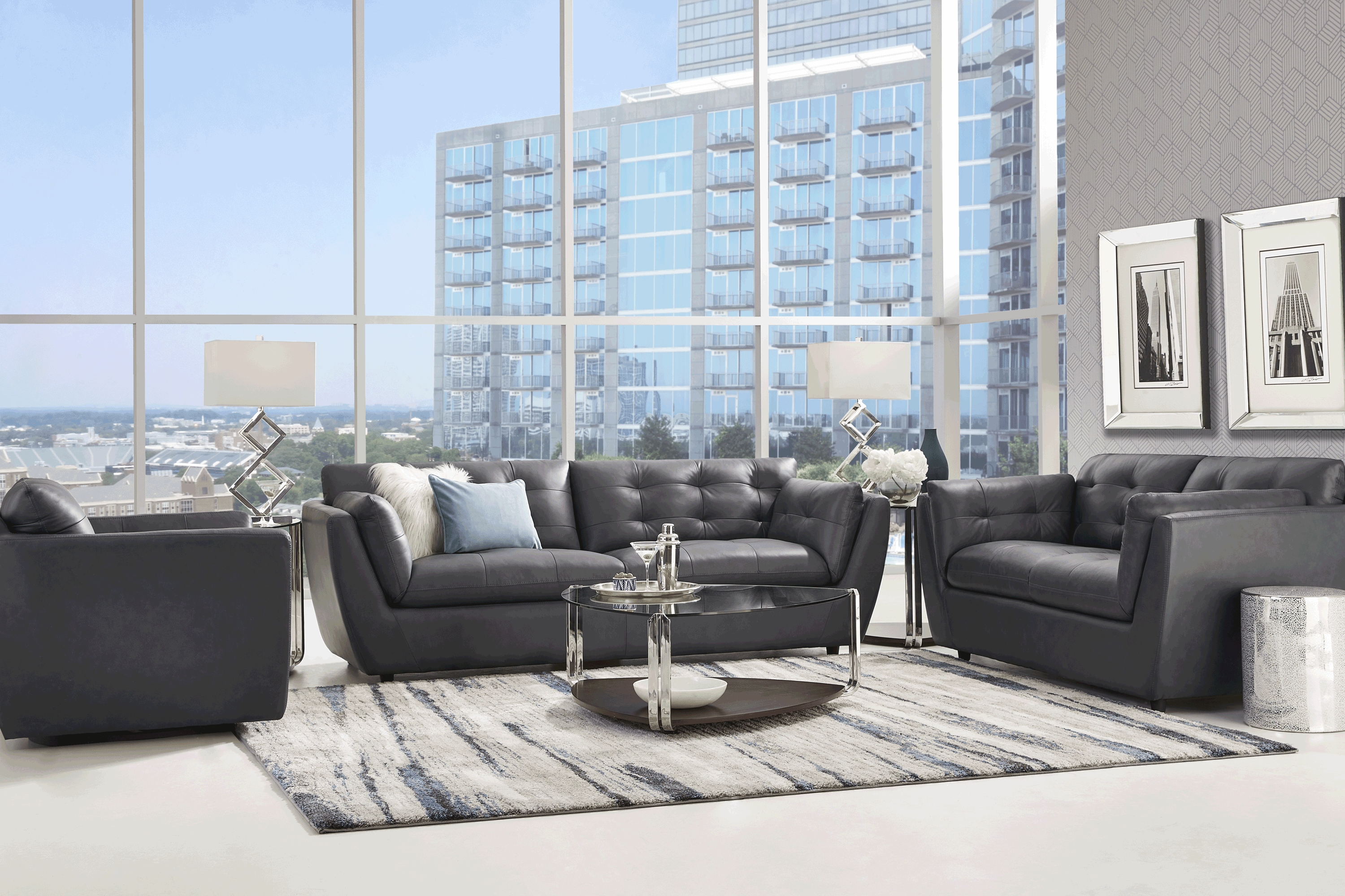 Aragon Blue Leather 8 Pc Living Room - Thumbnail - Image 1