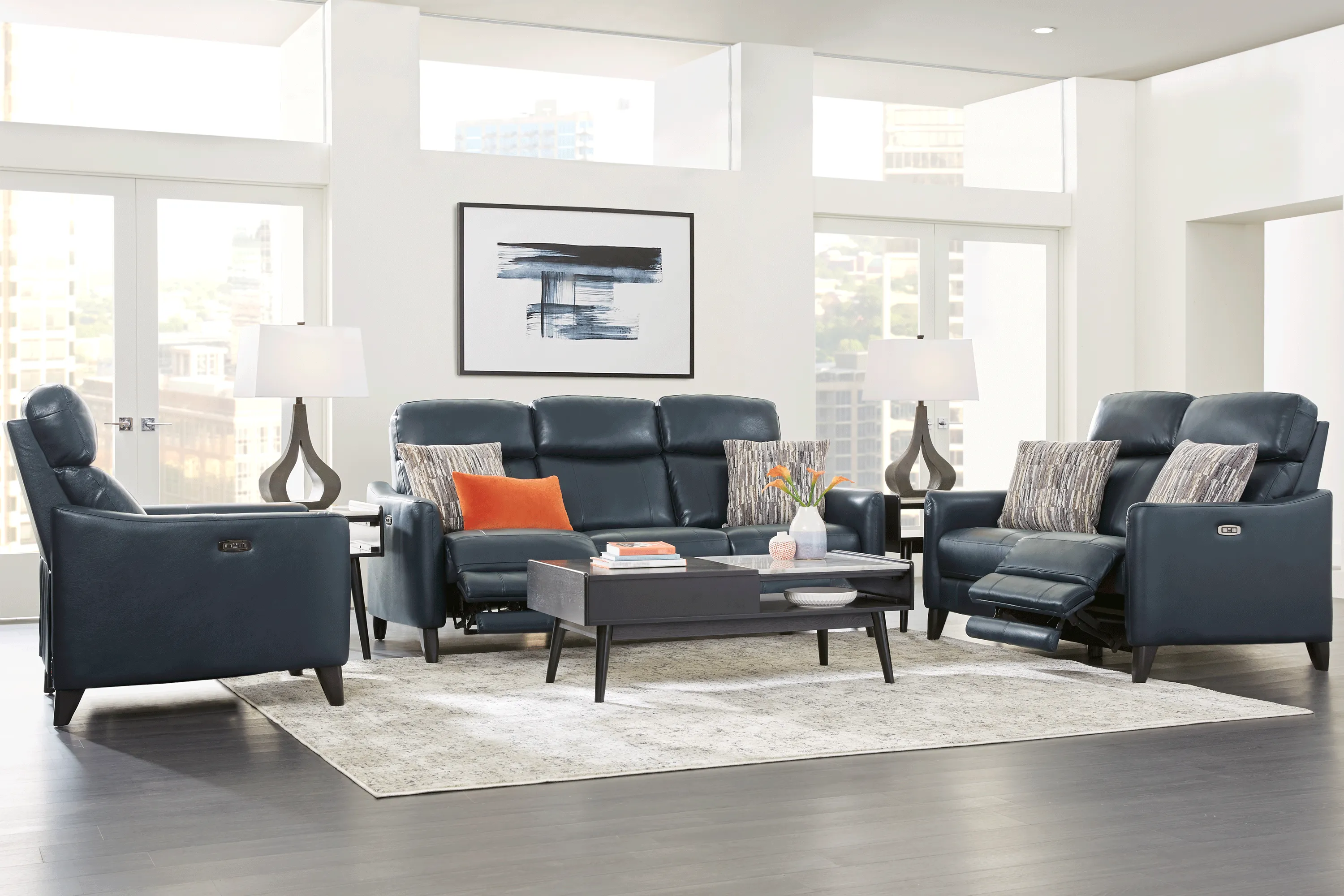 Arilio Navy Leather 2 Pc Living Room with Dual Power Reclining Sofa - Thumbnail - Image 1