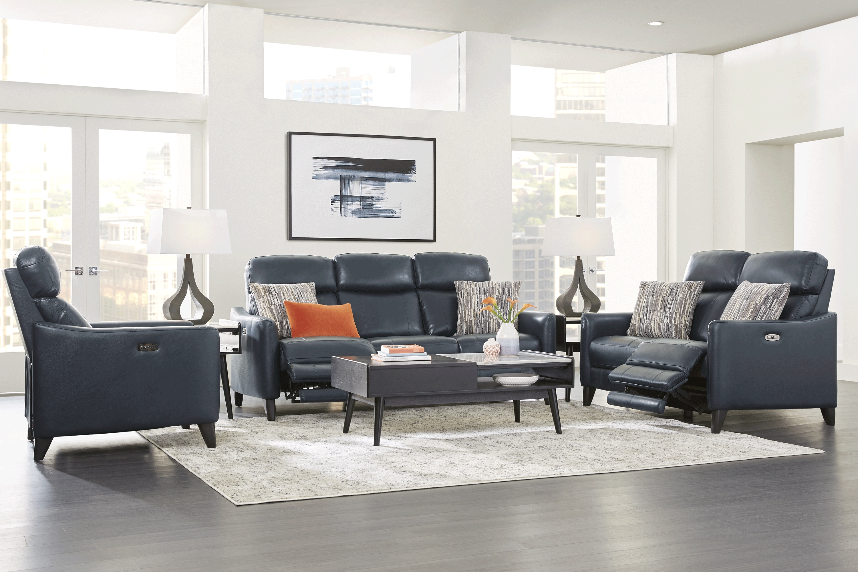 Arilio Navy Leather 3 Pc Dual Power Reclining Living Room - Thumbnail - Image 1