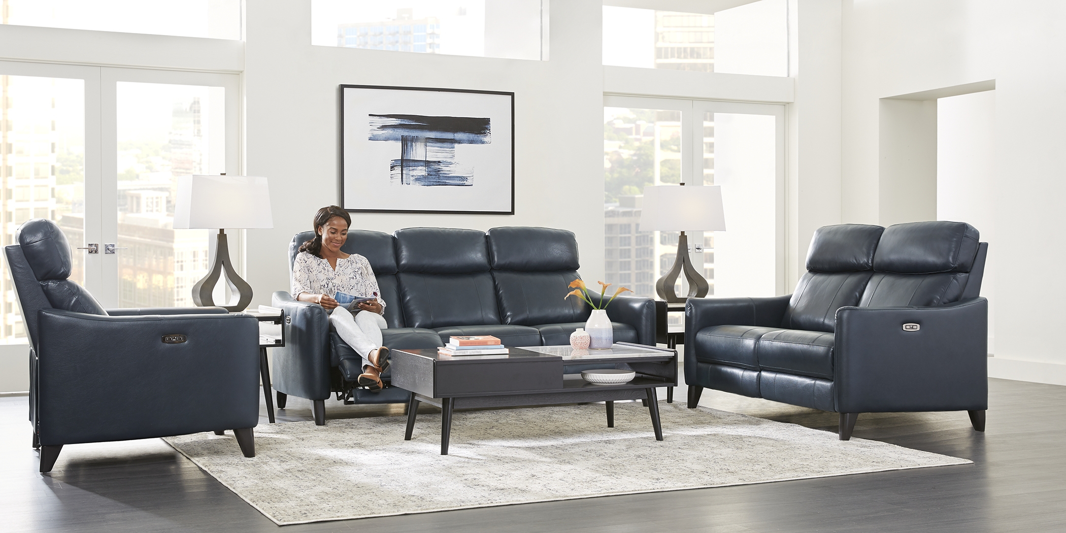 Arilio Navy Leather 3 Pc Dual Power Reclining Living Room - Thumbnail - Image 2