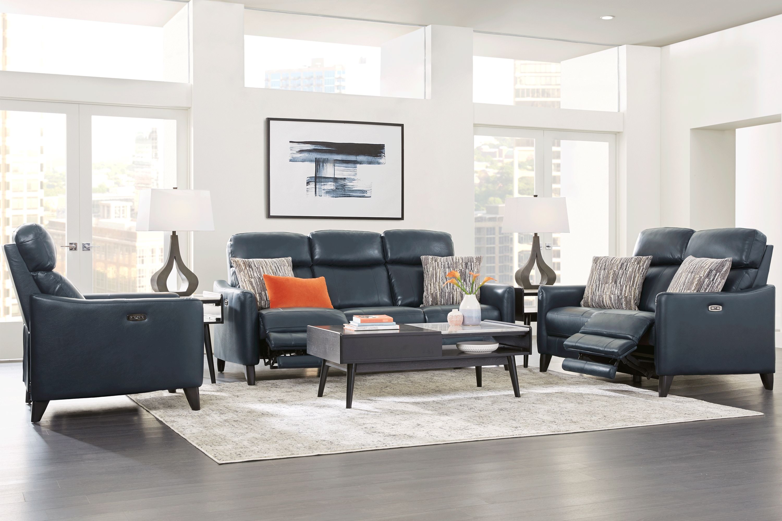 Arilio Navy Leather 3 Pc Dual Power Reclining Living Room - Thumbnail - Image 1