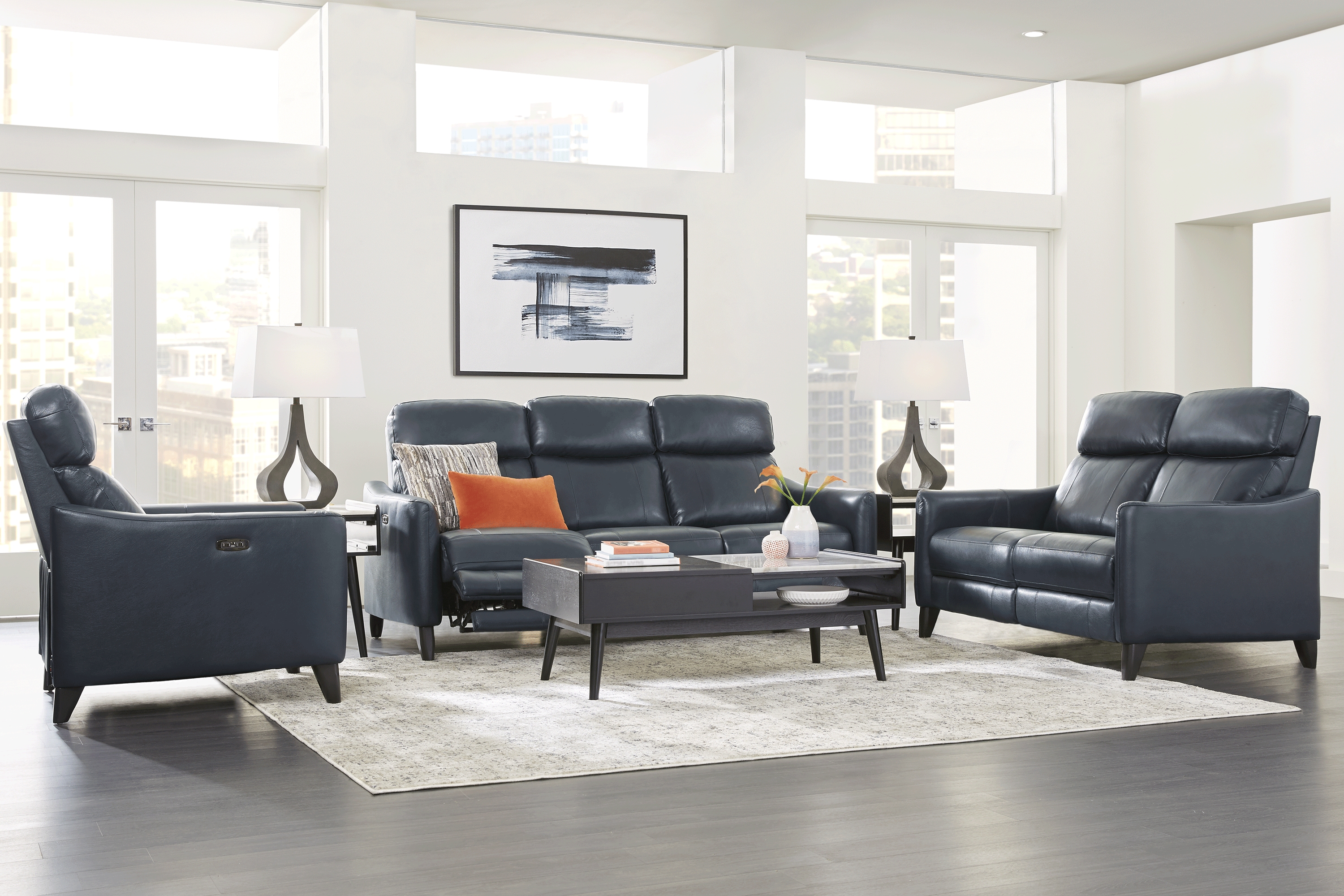 Arilio Navy Leather Dual Power Recliner - Thumbnail - Image 2