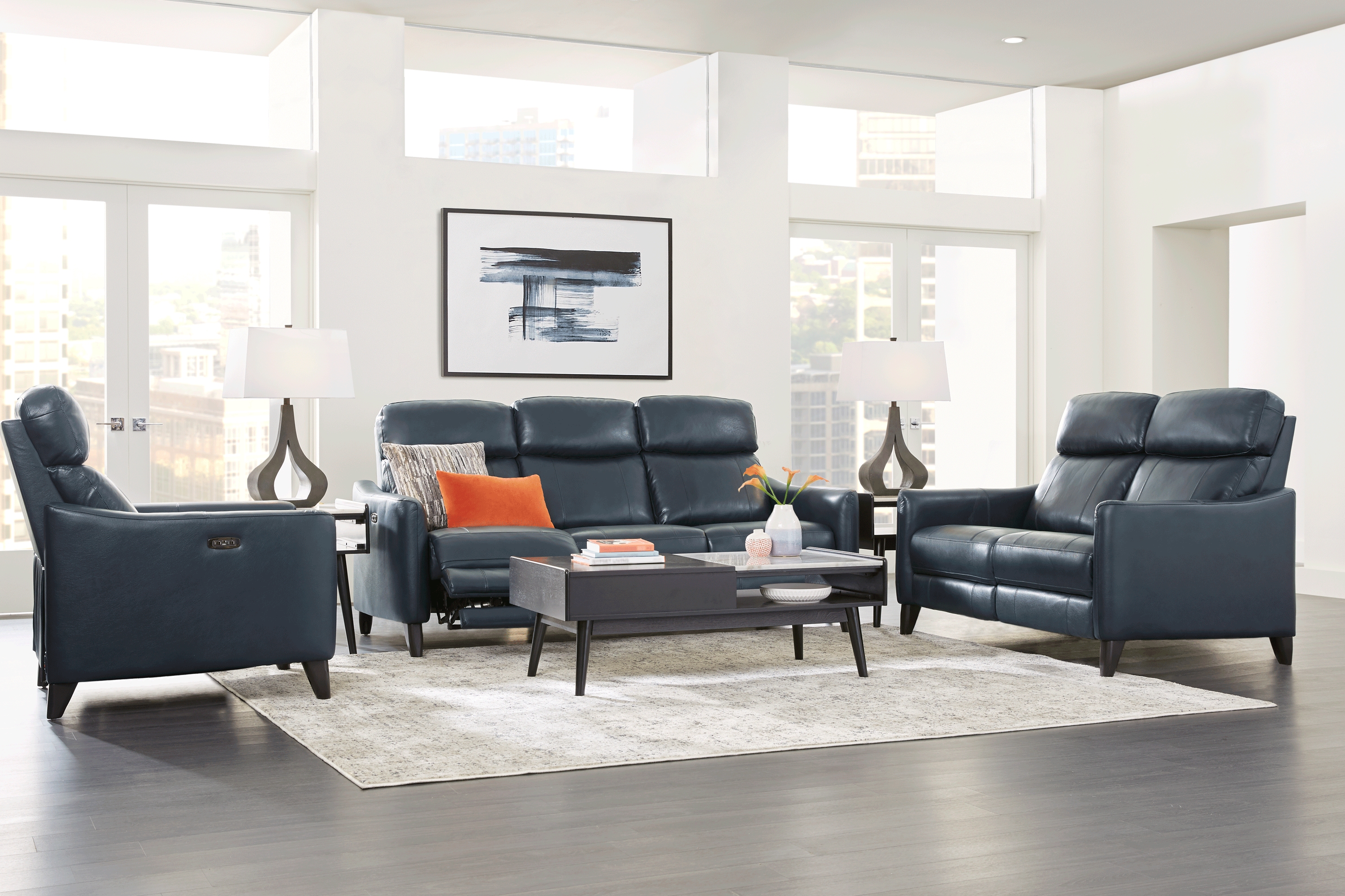 Arilio Navy Leather 3 Pc Living Room with Dual Power Reclining Sofa - Thumbnail - Image 1