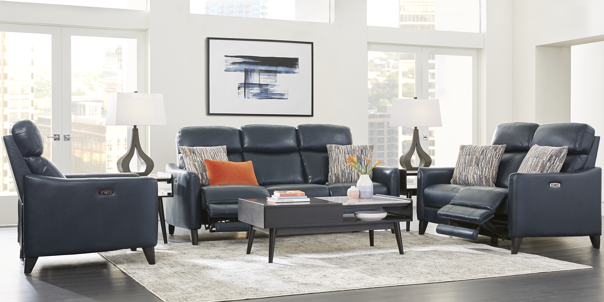 Arilio Navy Leather 5 Pc Dual Power Reclining Living Room - Thumbnail - Image 1