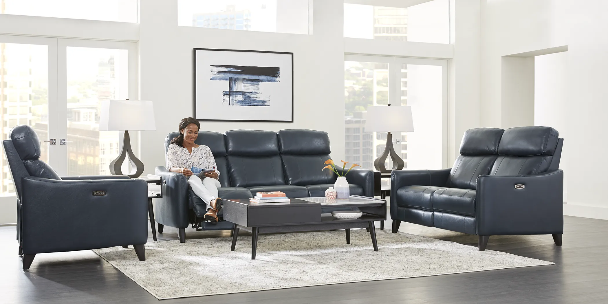 Arilio Navy Leather 5 Pc Dual Power Reclining Living Room - Thumbnail - Image 2