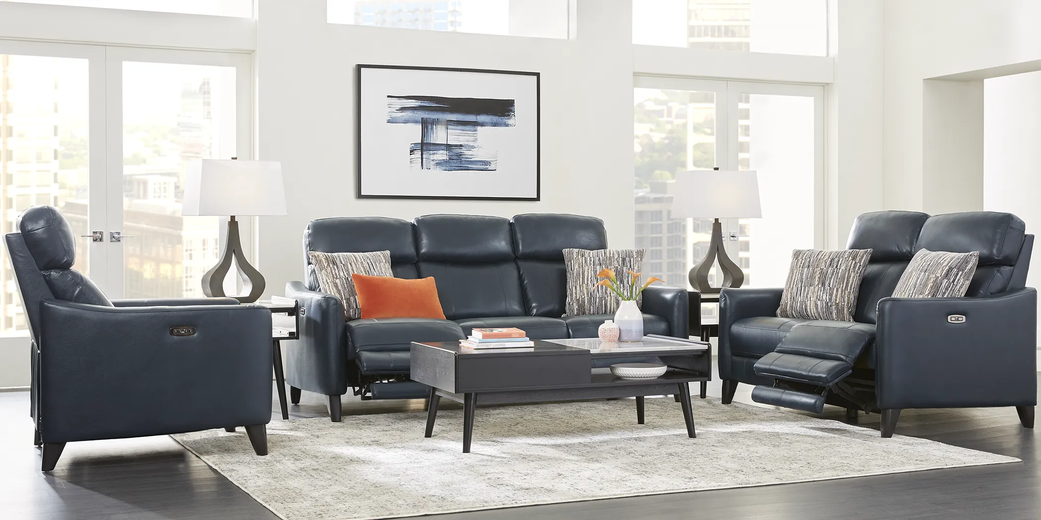 Arilio Navy Leather 5 Pc Dual Power Reclining Living Room - Thumbnail - Image 1