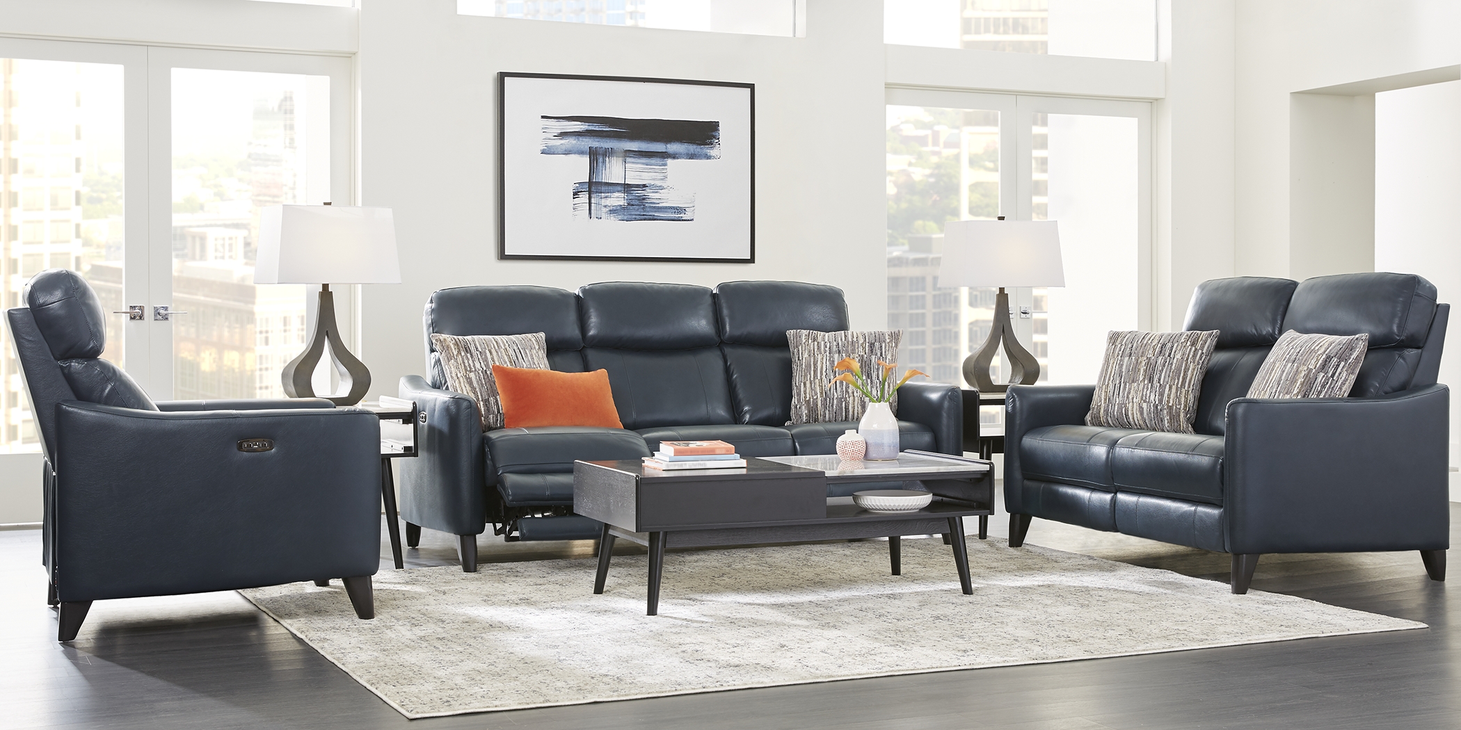 Arilio Navy Leather 5 Pc Living Room with Dual Power Reclining Sofa - Thumbnail - Image 1