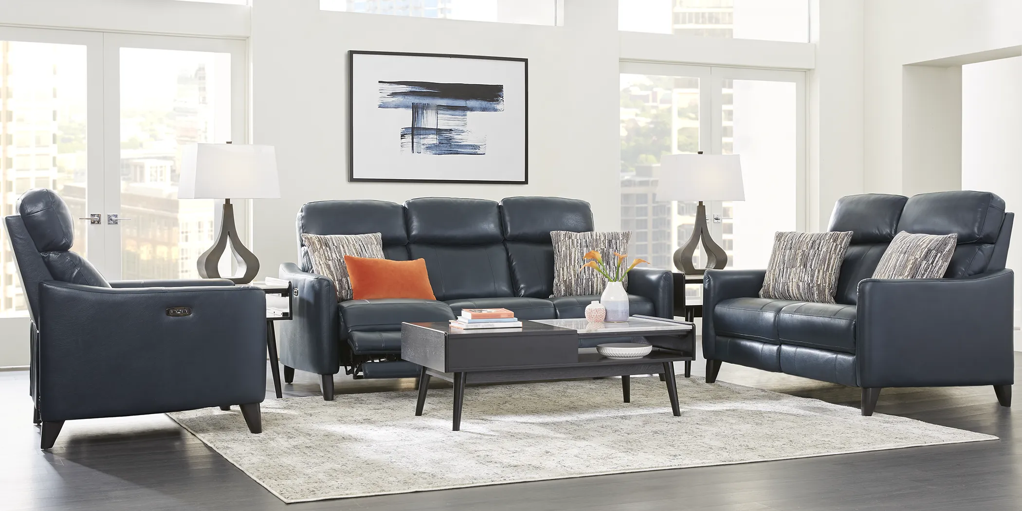 Arilio Navy Leather 5 Pc Living Room with Dual Power Reclining Sofa - Thumbnail - Image 1