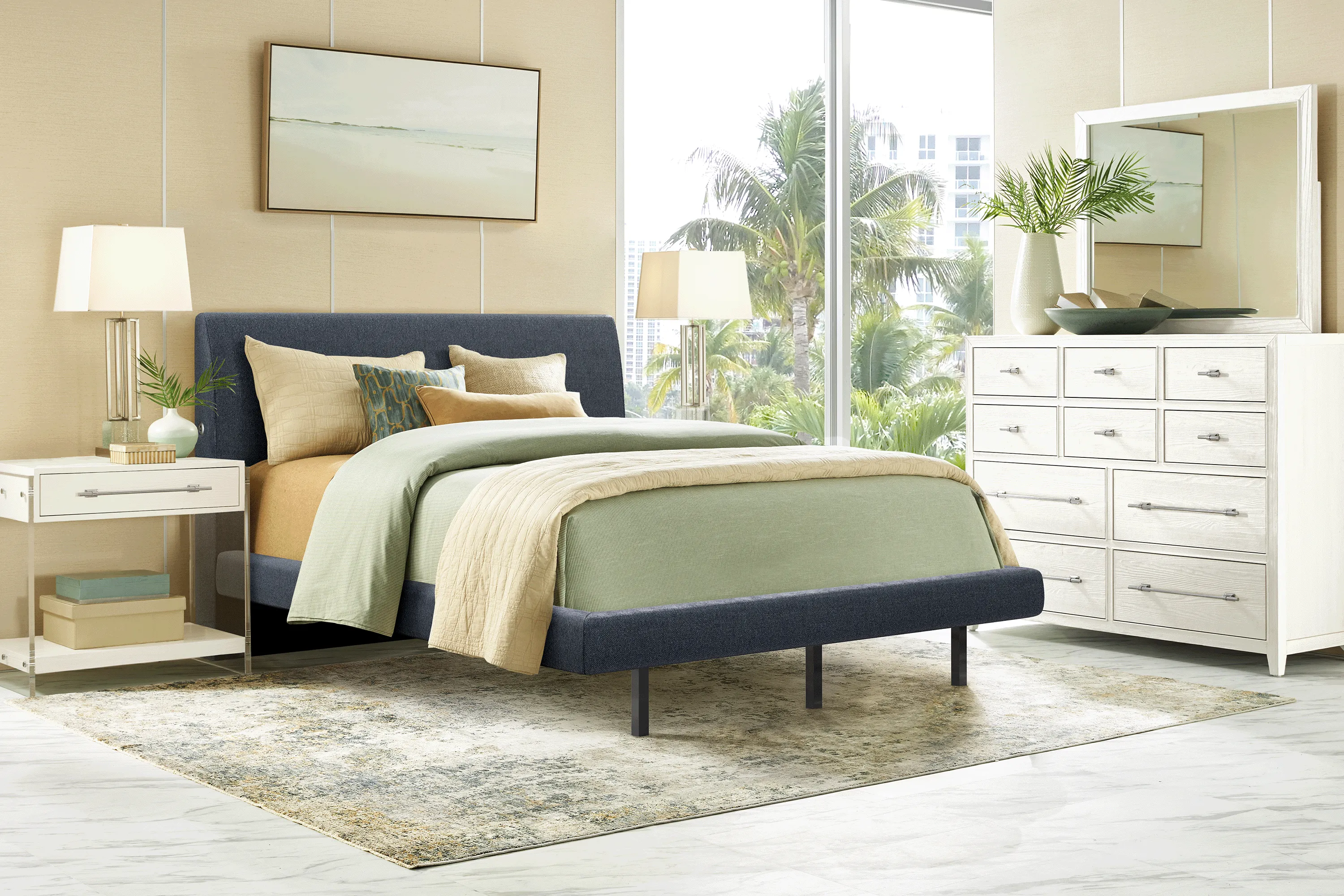 Aruba White 5 Pc Bedroom with Blue Queen Upholstered Bed - Thumbnail - Image 1
