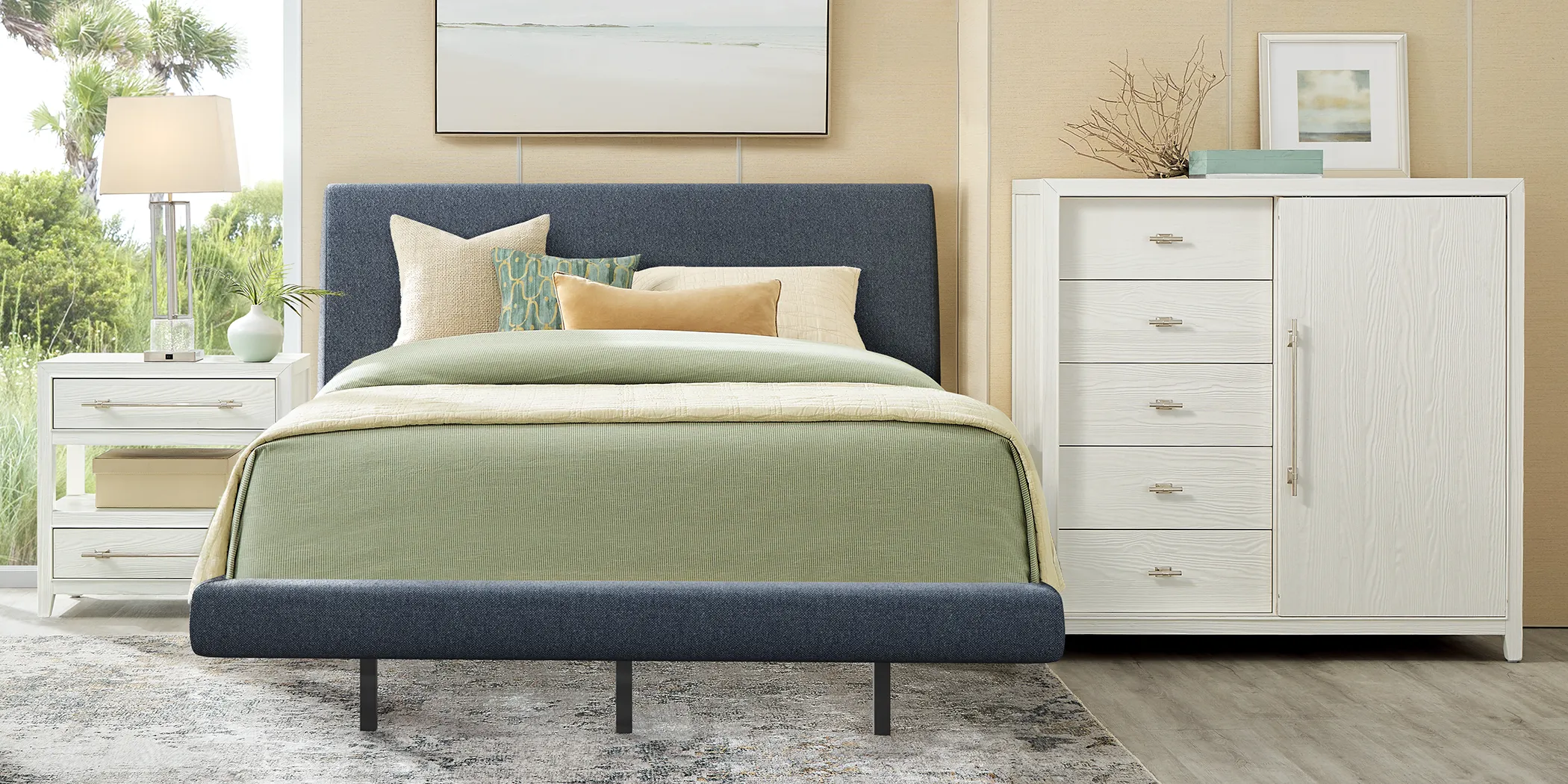 Aruba White 7 Pc Bedroom with Blue King Upholstered Bed - Thumbnail - Image 2