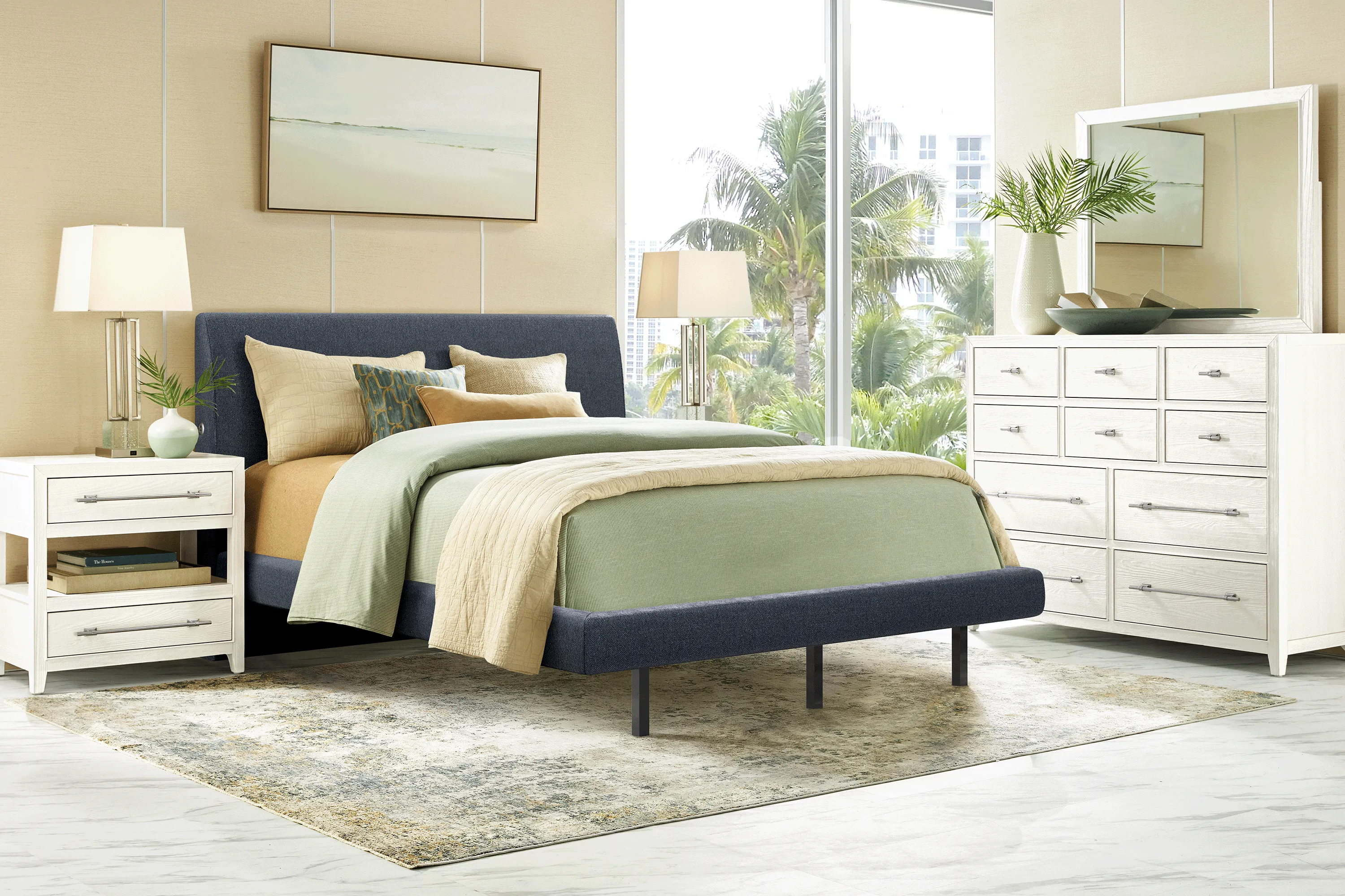 Aruba White 7 Pc Bedroom with Blue King Upholstered Bed - Thumbnail - Image 1