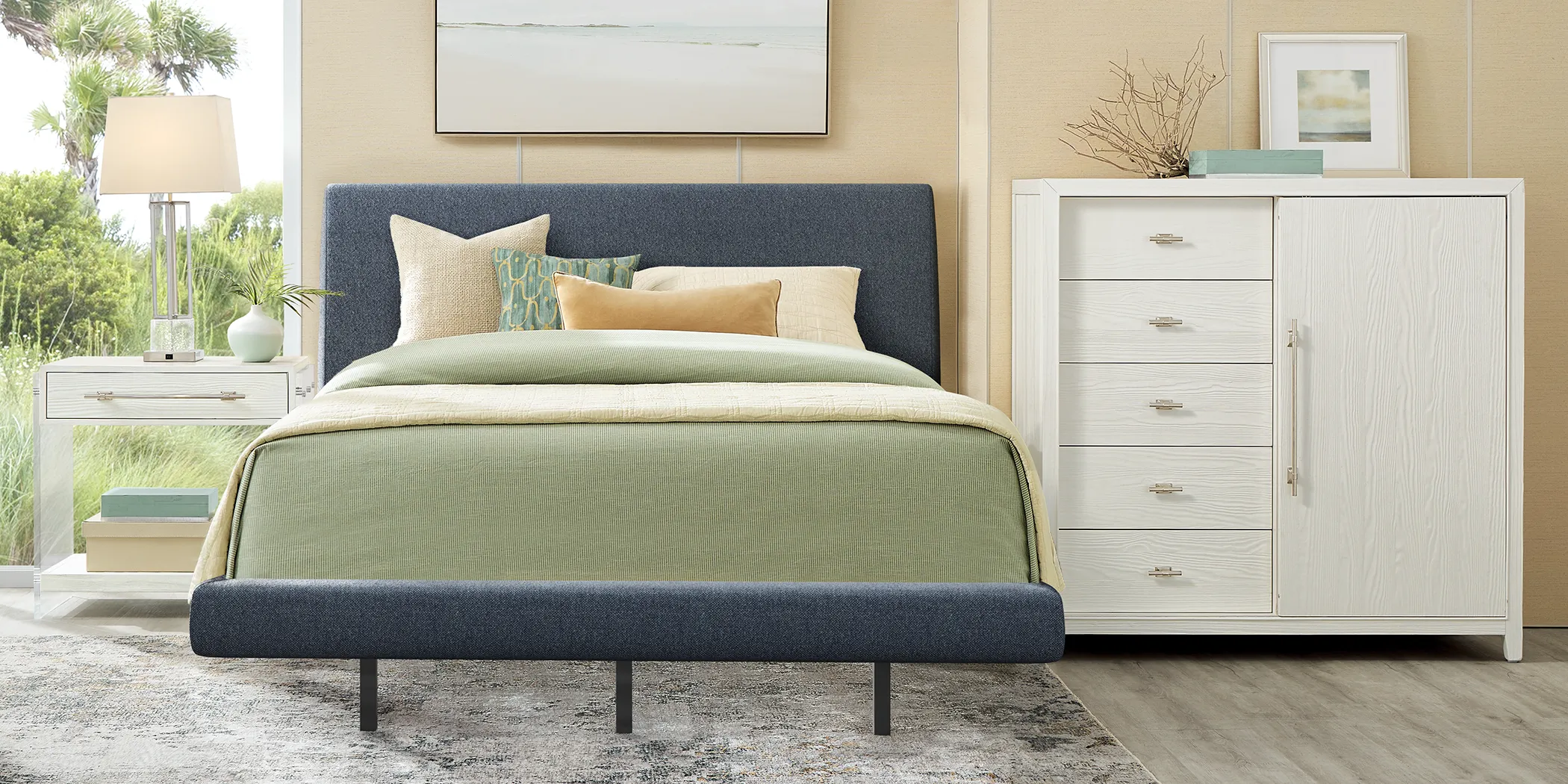 Aruba White 7 Pc Bedroom with Blue Queen Upholstered Bed - Thumbnail - Image 2
