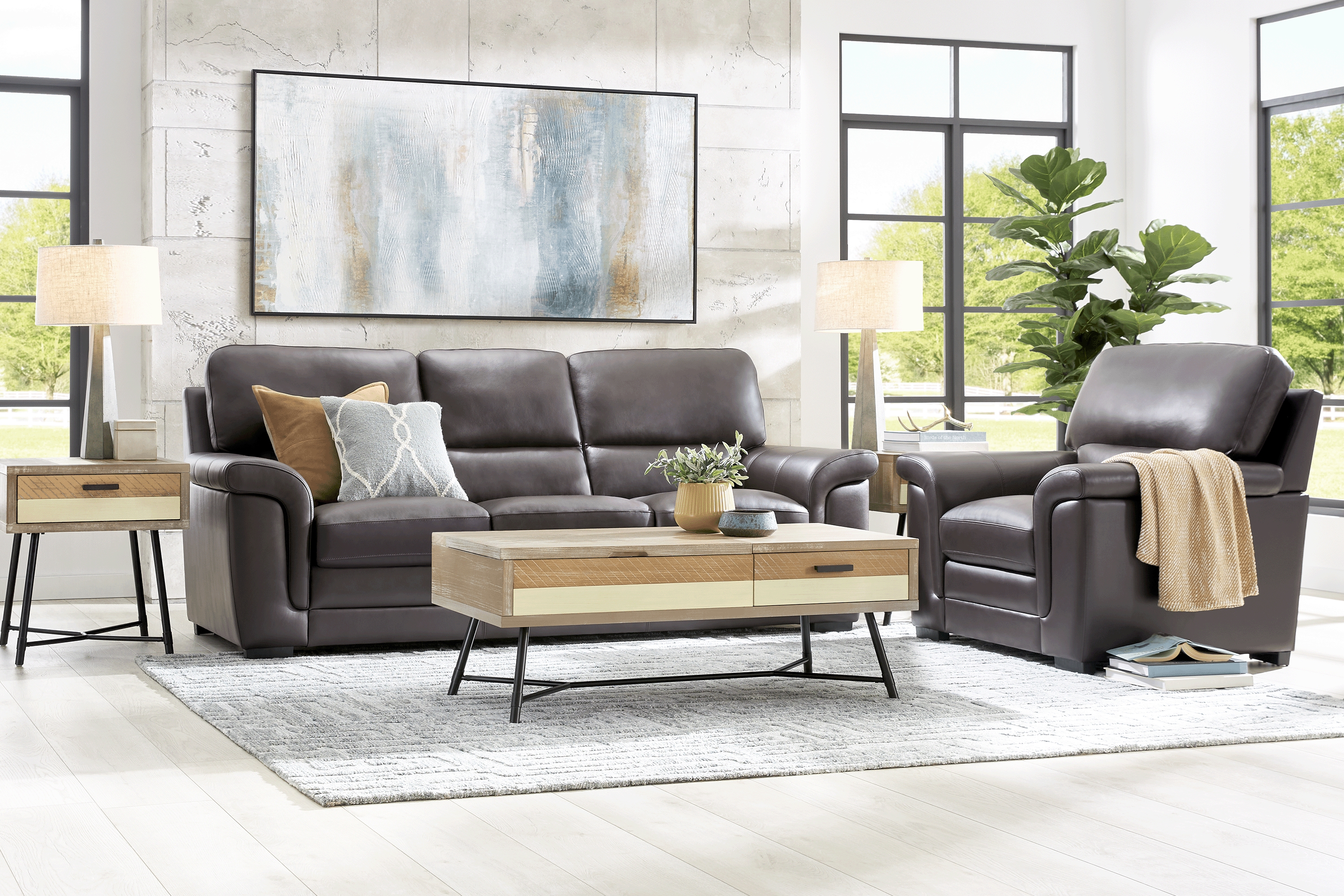 Ashbury Place Brown Leather 7 Pc Living Room with Sleeper Sofa - Thumbnail - Image 1
