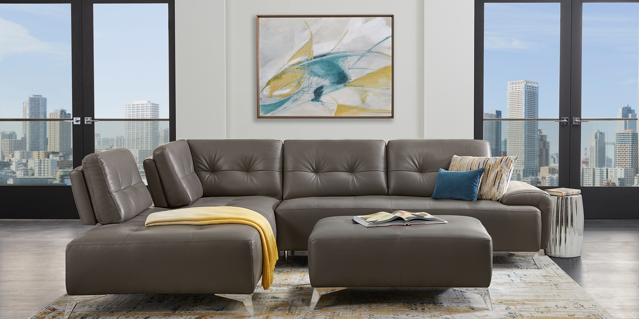 Avellino Gray Leather 5 Pc Sectional Living Room - Thumbnail - Image 2