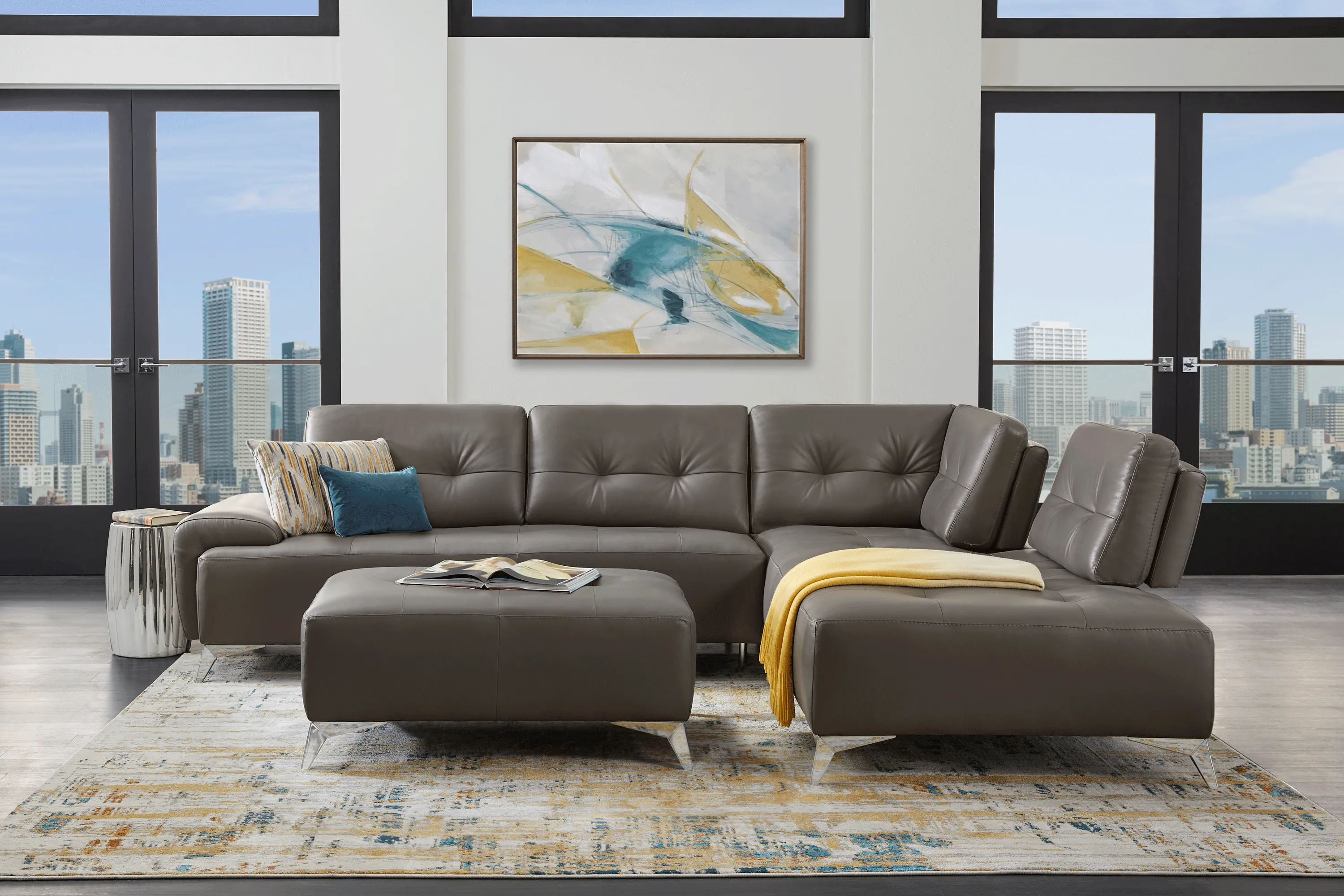 Avellino Gray Leather 5 Pc Sectional Living Room - Thumbnail - Image 1