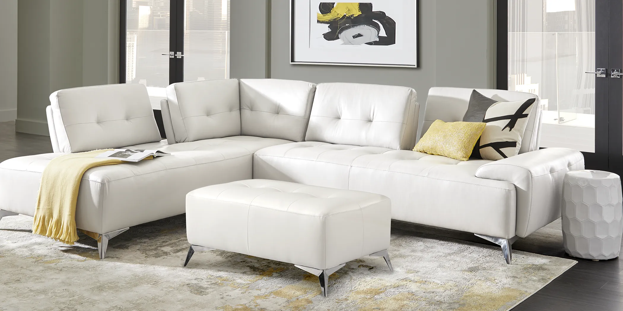 Avellino White Leather 5 Pc Sectional Living Room - Thumbnail - Image 1