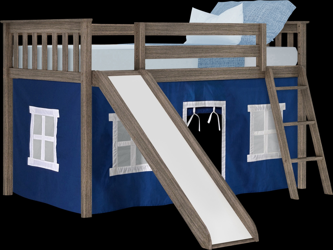 Kids Ayleth Brown Twin Low Loft Bed with Slide and Blue Tent - Thumbnail - Image 2