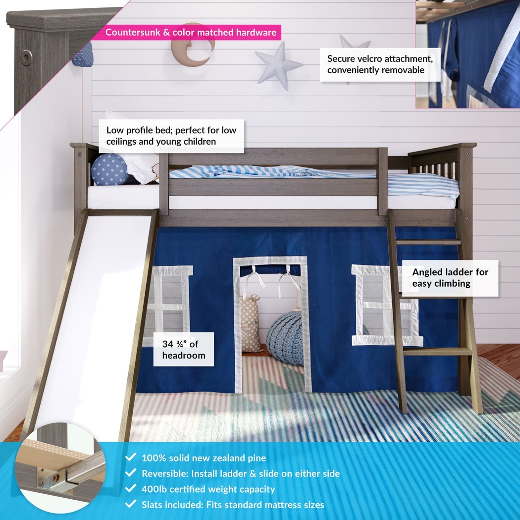 Kids Ayleth Brown Twin Low Loft Bed with Slide and Blue Tent - Thumbnail - Image 3