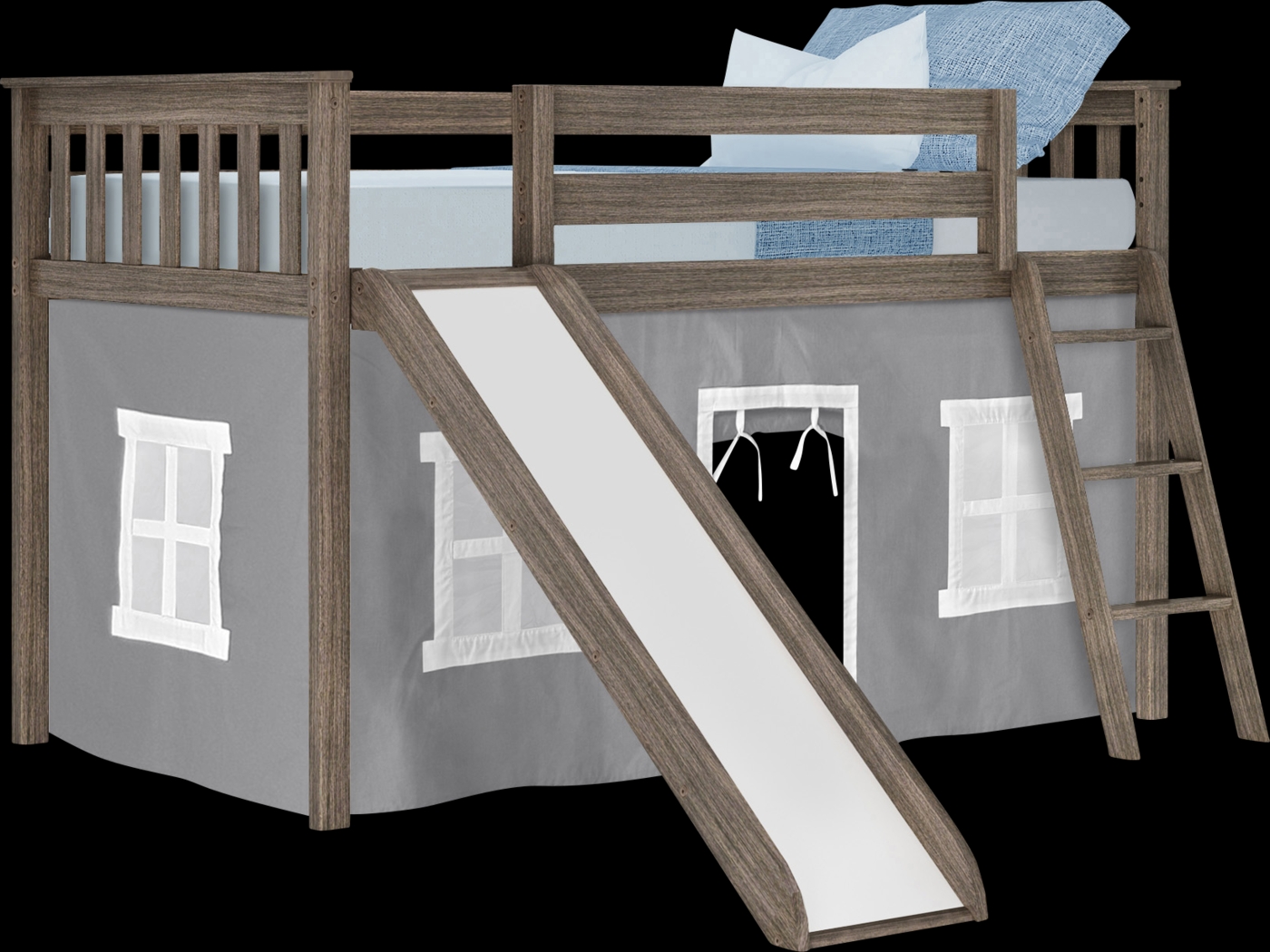 Kids Ayleth Brown Twin Low Loft Bed with Slide and Gray Tent - Thumbnail - Image 2