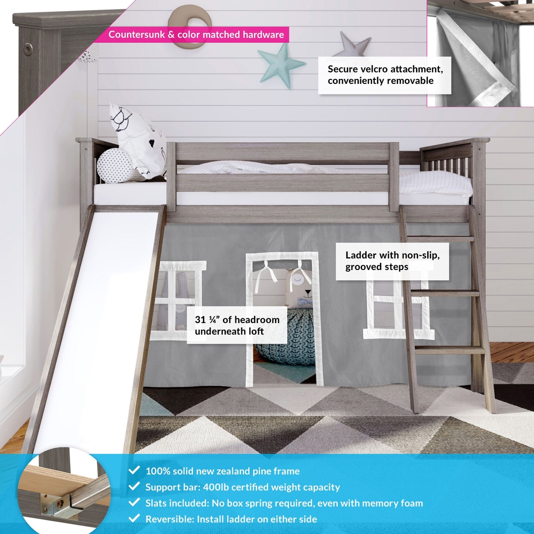 Kids Ayleth Brown Twin Low Loft Bed with Slide and Gray Tent - Thumbnail - Image 3