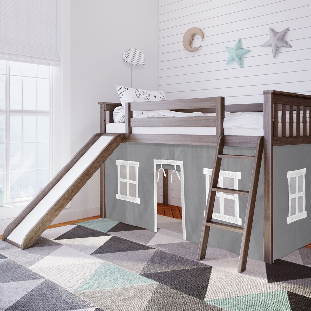 Kids Ayleth Brown Twin Low Loft Bed with Slide and Gray Tent - Thumbnail - Image 1