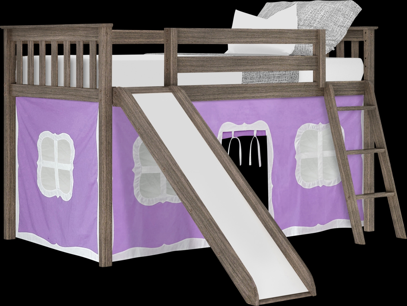 Kids Ayleth Brown Twin Low Loft Bed with Slide and Purple Tent - Thumbnail - Image 2