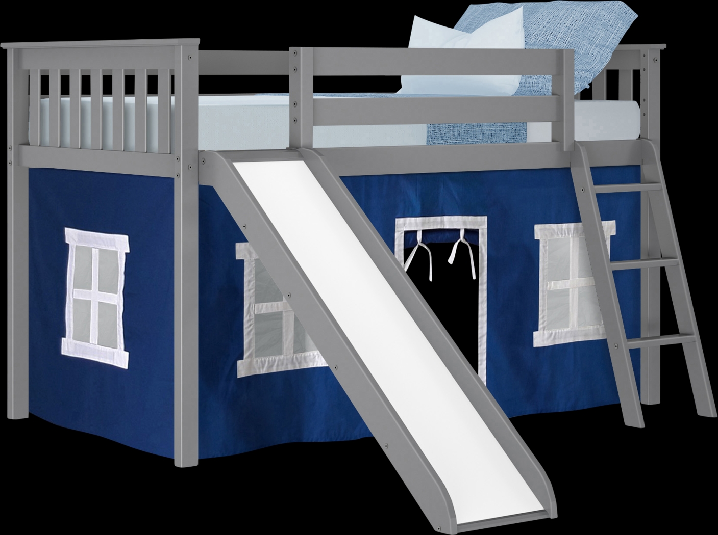 Kids Ayleth Gray Twin Low Loft Bed with Slide and Blue Tent - Thumbnail - Image 2
